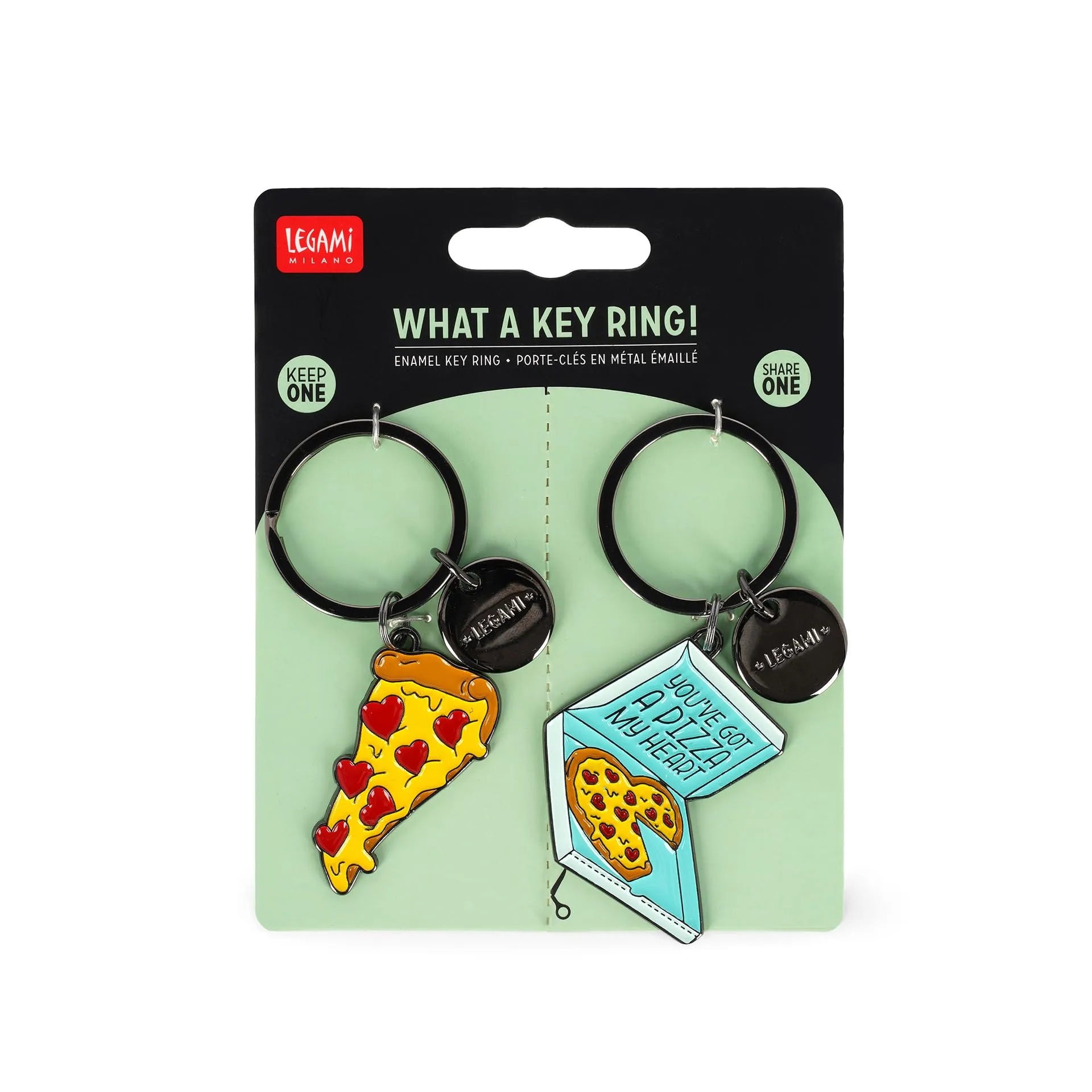 Legami - Set di 2 Portachiavi in Metallo Smaltato, What a Key Ring!, Motivo di Pizza, Regalo Per Coppia, Portachiavi Charm Per Borsa, Anello a Spirale Resistente, Dimensioni 4 x 8,5 x 0,2 cm - immagine 4