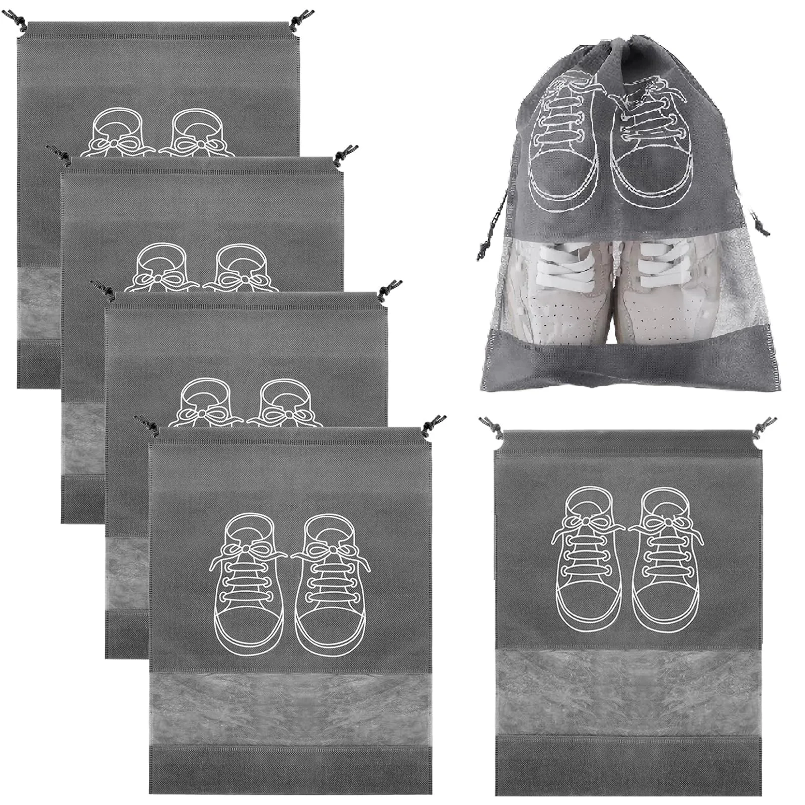 5 Pezzi Borsa Porta Scarpe da Viaggio, Non Tessuto Sacchetti porta Scarpe, Portascarpe da Viaggio Antipolvere, Sacchetti per Scarpe, Borsa per Scarpe per uso quotidiano e da viaggio, 42x36cm - immagine 1