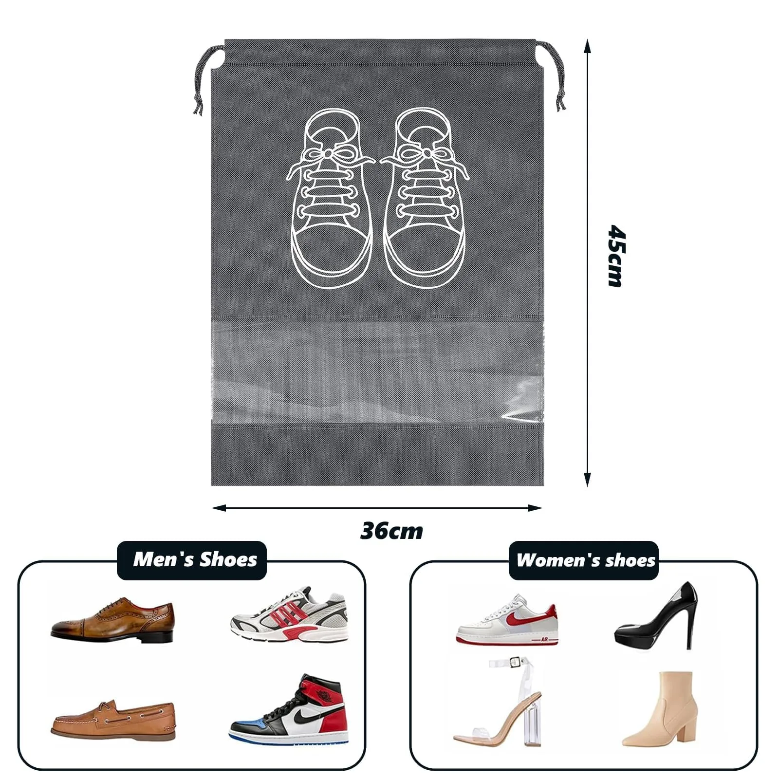 5 Pezzi Borsa Porta Scarpe da Viaggio, Non Tessuto Sacchetti porta Scarpe, Portascarpe da Viaggio Antipolvere, Sacchetti per Scarpe, Borsa per Scarpe per uso quotidiano e da viaggio, 42x36cm - immagine 2