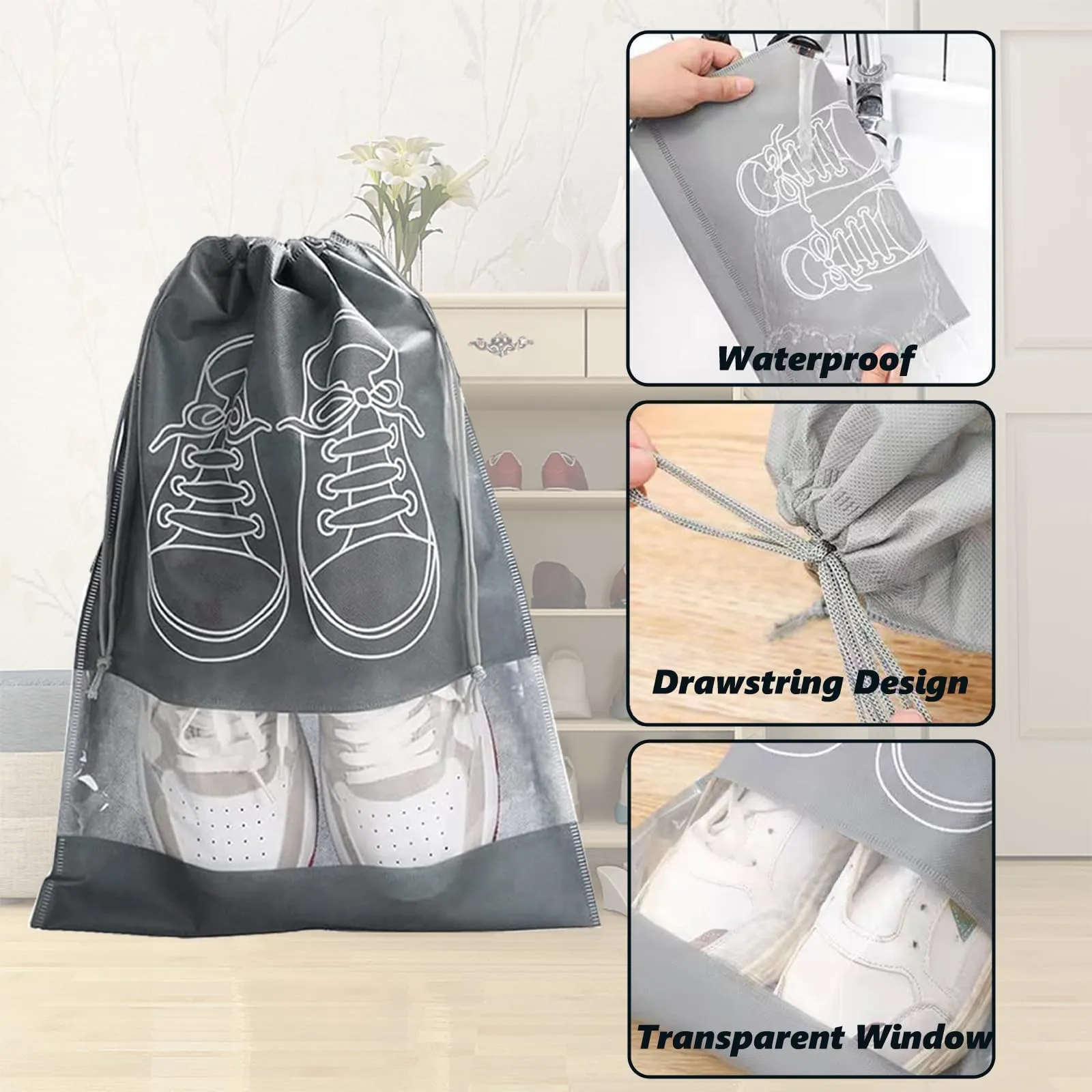 5 Pezzi Borsa Porta Scarpe da Viaggio, Non Tessuto Sacchetti porta Scarpe, Portascarpe da Viaggio Antipolvere, Sacchetti per Scarpe, Borsa per Scarpe per uso quotidiano e da viaggio, 42x36cm - immagine 3