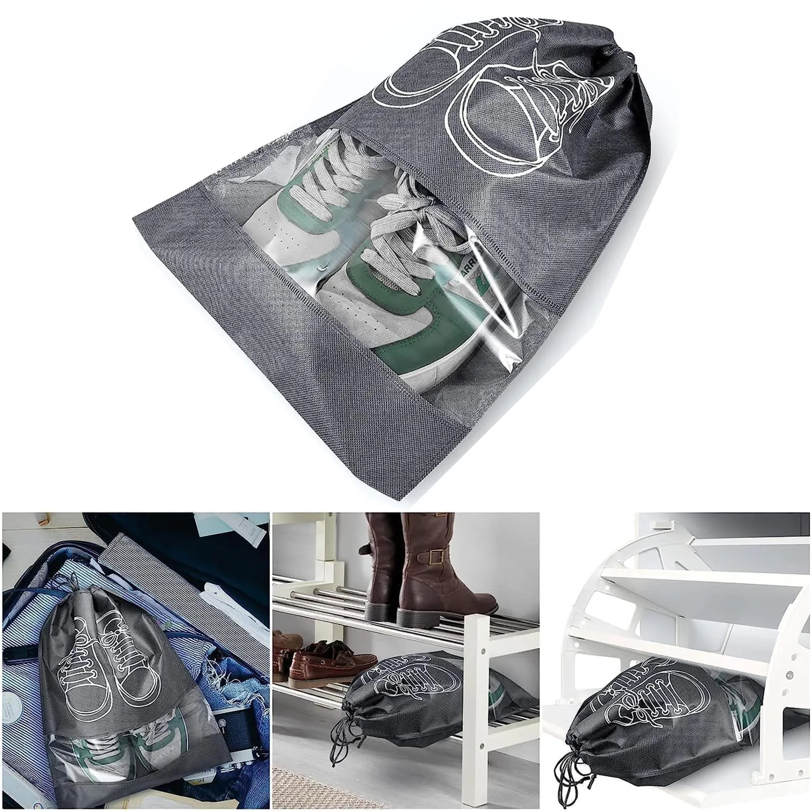5 Pezzi Borsa Porta Scarpe da Viaggio, Non Tessuto Sacchetti porta Scarpe, Portascarpe da Viaggio Antipolvere, Sacchetti per Scarpe, Borsa per Scarpe per uso quotidiano e da viaggio, 42x36cm - immagine 5