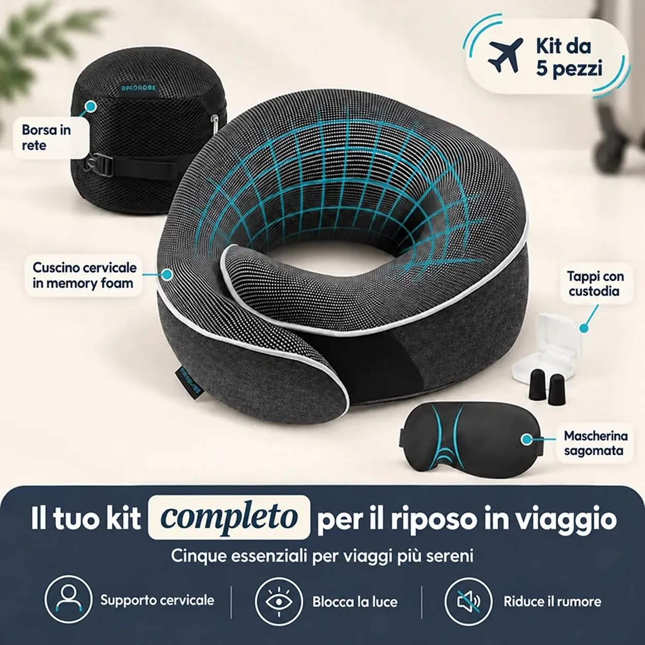 Proglobe Cuscino Cervicale Ortopedico da Viaggio, Grigio Scuro - immagine 2