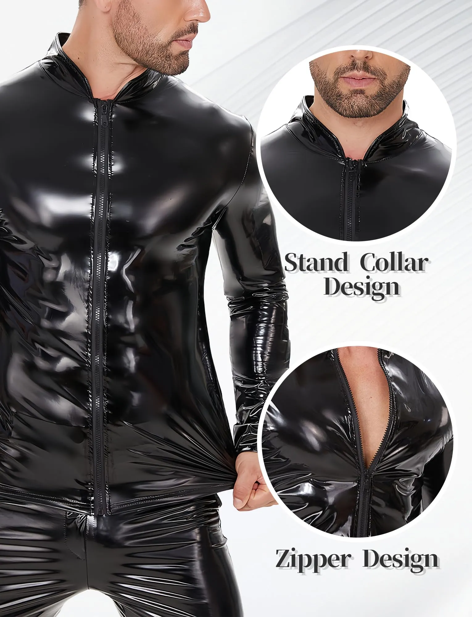 Ausing Top in Pelle Lucida da Uomo Top con Cerniera Cappotto in Pelle Aderente Uomo Top Giacca a Maniche Lunghe Camicia Clubwear Esotico Hippie Disco Party, Nero , S - immagine 4