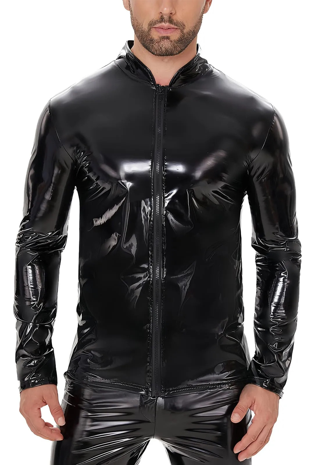 Ausing Top in Pelle Lucida da Uomo Top con Cerniera Cappotto in Pelle Aderente Uomo Top Giacca a Maniche Lunghe Camicia Clubwear Esotico Hippie Disco Party, Nero , XS - immagine 1