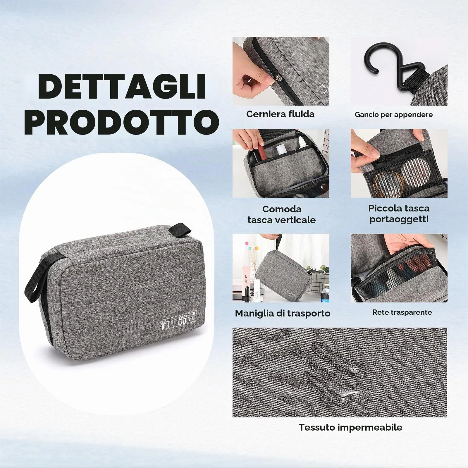 Aucuu Beauty Case da Viaggio Appendere, Borsa da Toilette per Donna Uomo, Impermeabile Trousse Trucchi, Beauty Case per Organizzare Cosmetici Oggetti Personali - immagine 3