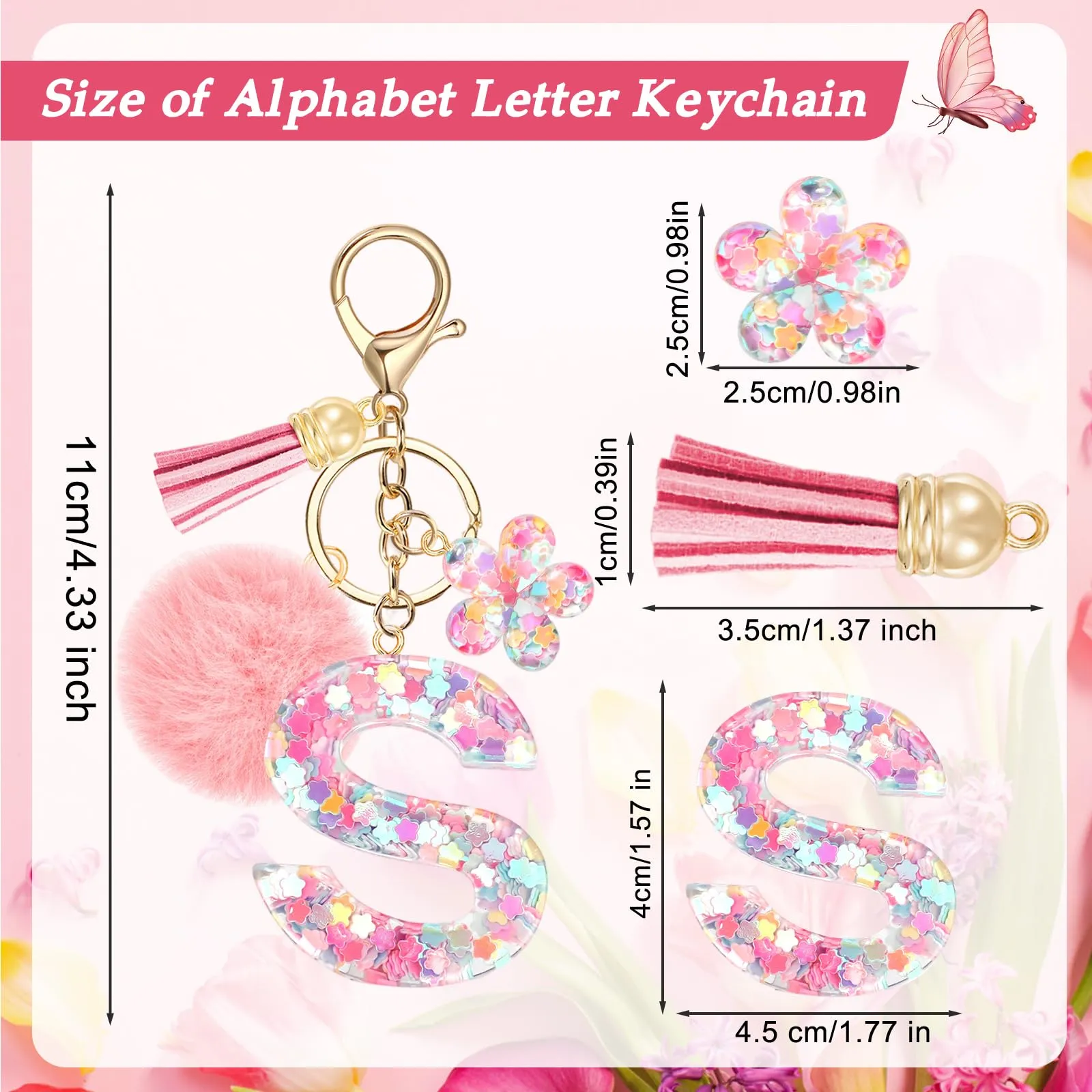 JSRQT Portachiavi con Iniziale S Rosa per Donne Ragazze, Nome Portachiavi Lettere dell'alfabeto in Resina a Fiore con Ciondoli a Pompon, Carino Ciondolo alla Moda Key Chain per Borse e Zaini - immagine 3