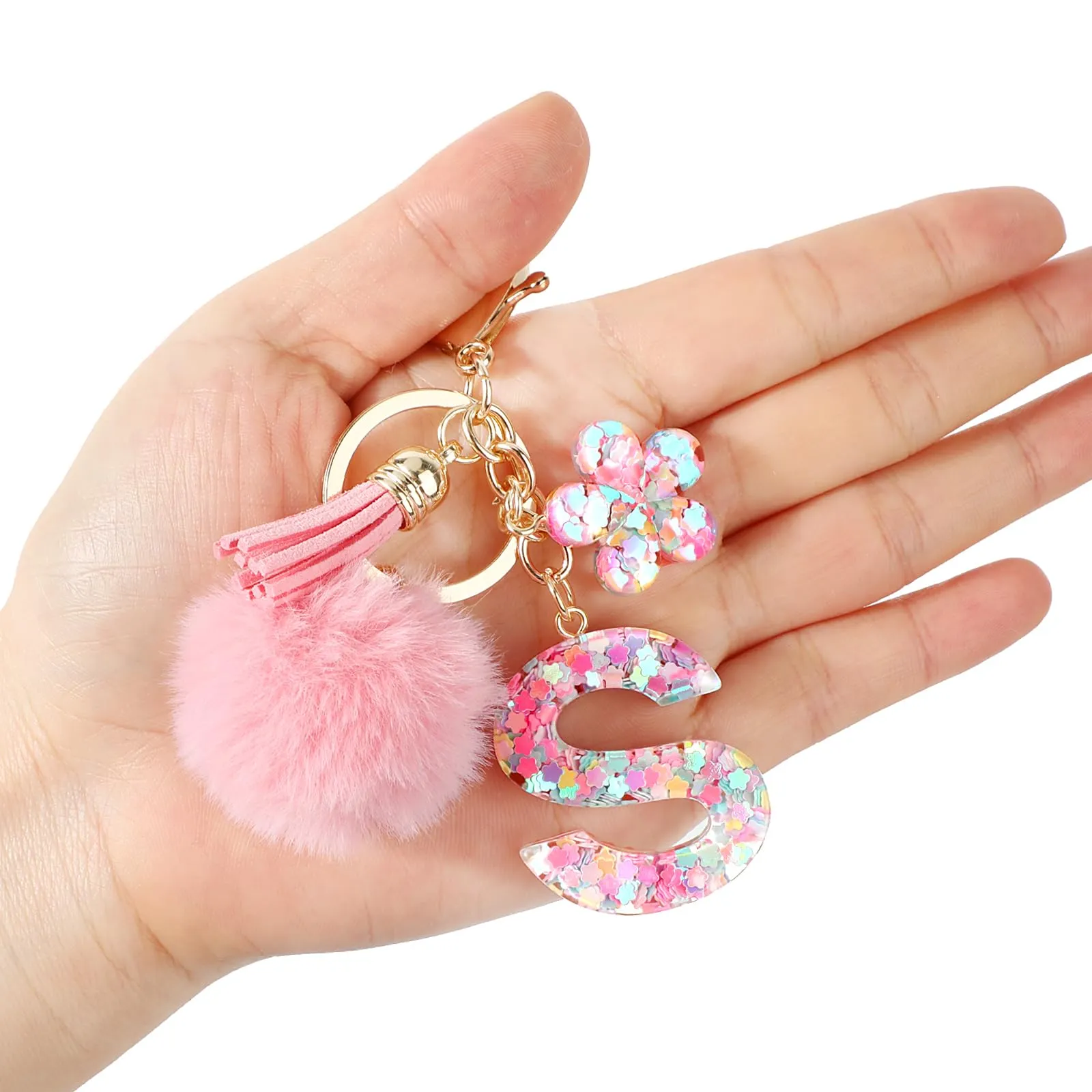 JSRQT Portachiavi con Iniziale S Rosa per Donne Ragazze, Nome Portachiavi Lettere dell'alfabeto in Resina a Fiore con Ciondoli a Pompon, Carino Ciondolo alla Moda Key Chain per Borse e Zaini - immagine 7