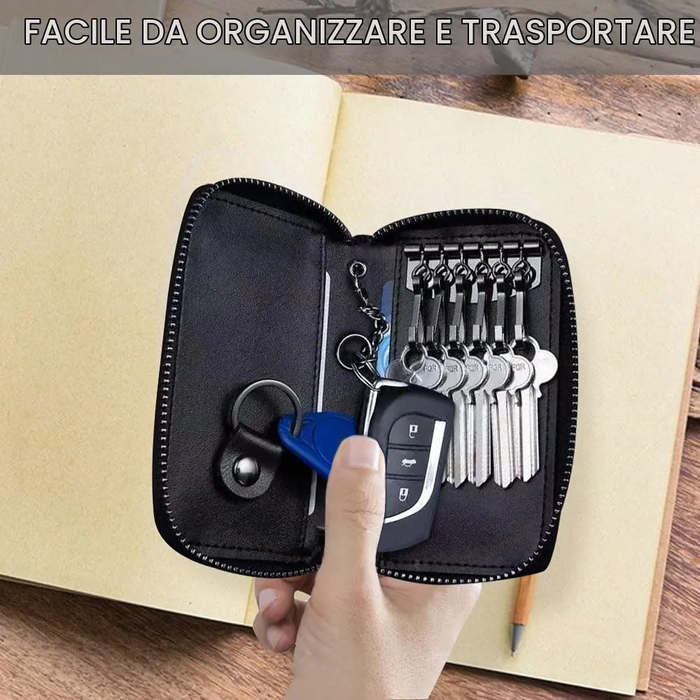 Portachiavi in Pelle Borsellino, Raccoglitore Chiave Multifunzione,Borse Universali per Auto Portachiavi per Uomo Donna, Portafoglio Chiave Auto Portafogli con 6 Gancio e 3 Scomparti Separati (Nero) - immagine 4