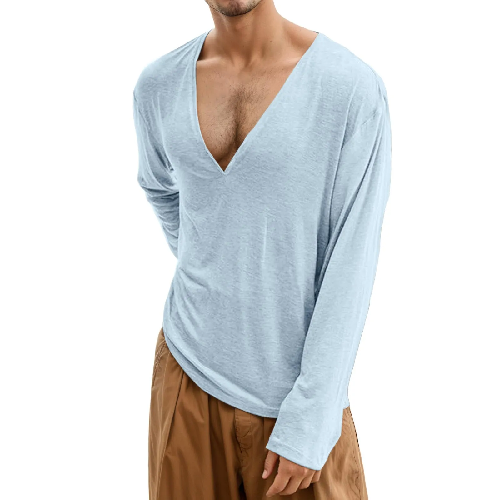 Duohropke Maglia a maniche lunghe da uomo con scollo a V profondo, a maniche lunghe, slim fit, camicia a maniche lunghe, da uomo, sexy, oversize, con collo a V, maglietta sportiva sottile, Blu, M - immagine 1