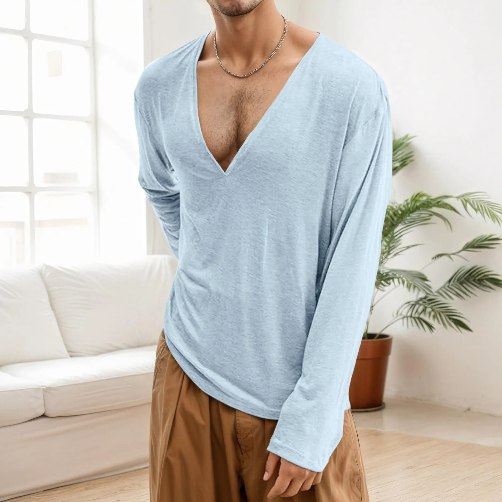 Duohropke Maglia a maniche lunghe da uomo con scollo a V profondo, a maniche lunghe, slim fit, camicia a maniche lunghe, da uomo, sexy, oversize, con collo a V, maglietta sportiva sottile, Blu, M - immagine 2