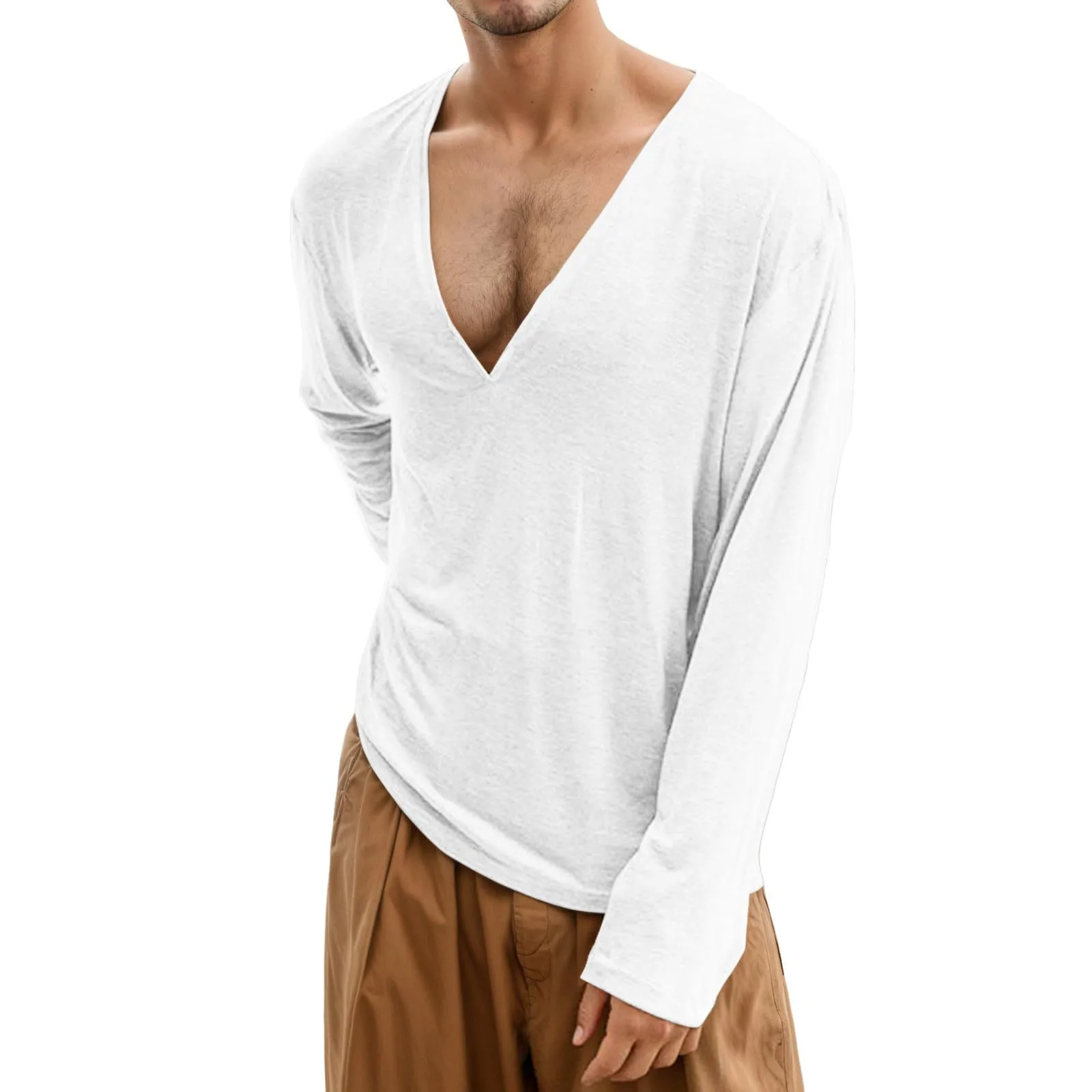 Duohropke Maglia a maniche lunghe da uomo con scollo a V profondo, a maniche lunghe, slim fit, camicia a maniche lunghe, da uomo, sexy, oversize, con collo a V, maglietta sportiva sottile, bianco, XXL - immagine 1