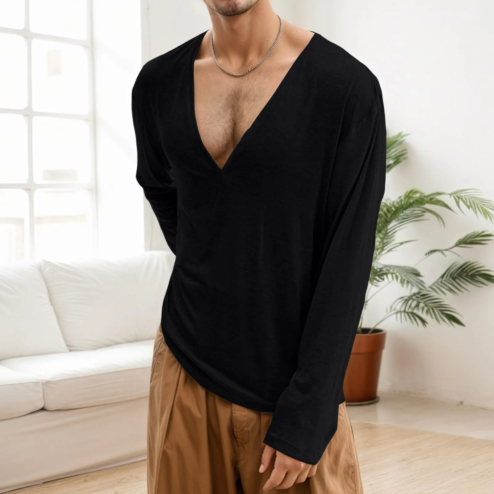 Duohropke Maglia a maniche lunghe da uomo con scollo a V profondo, a maniche lunghe, slim fit, camicia a maniche lunghe, da uomo, sexy, oversize, con collo a V, maglietta sportiva sottile, Nero , 3XL - immagine 2