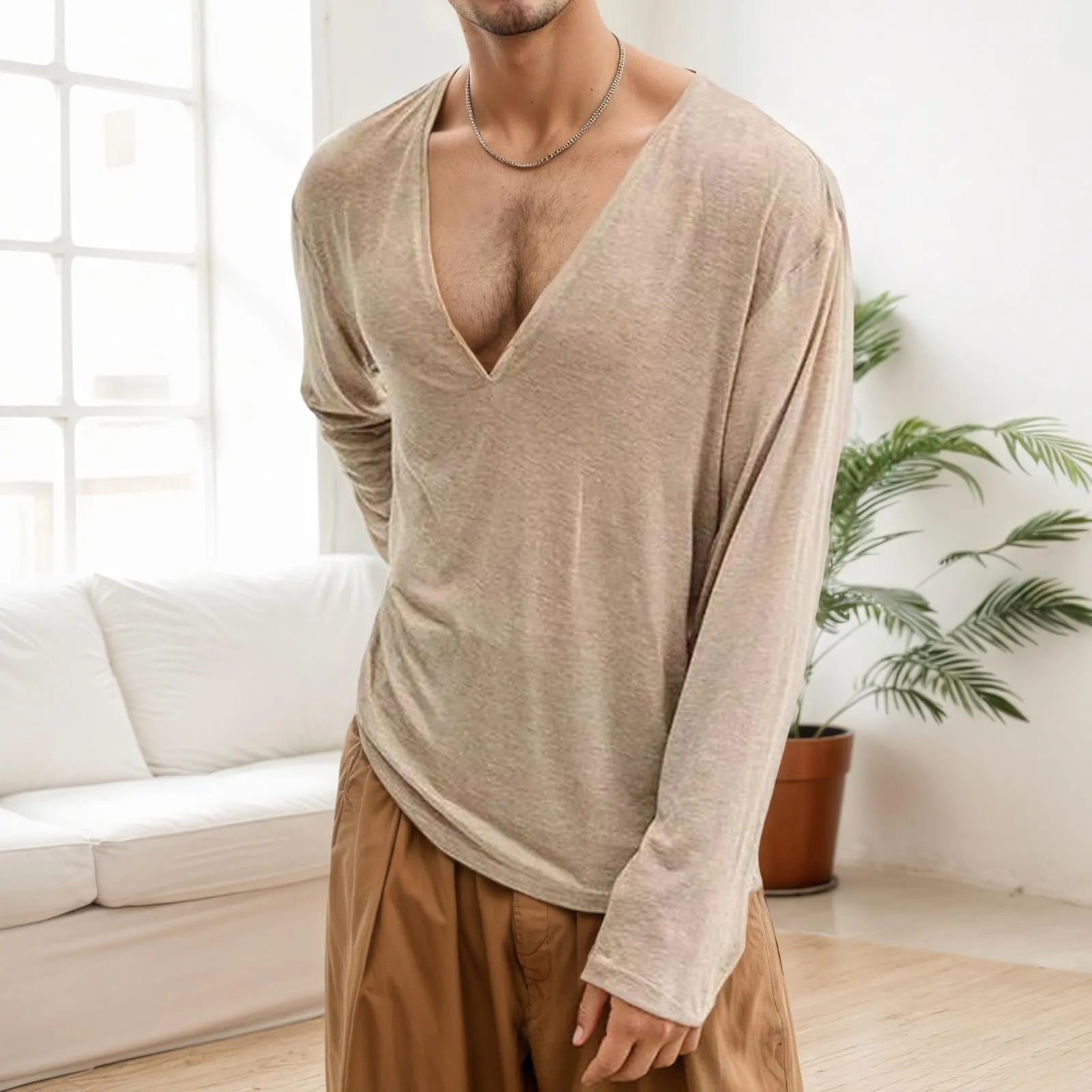 Duohropke Maglia a maniche lunghe da uomo con scollo a V profondo, a maniche lunghe, slim fit, camicia a maniche lunghe, da uomo, sexy, oversize, con collo a V, maglietta sportiva sottile, cachi, L - immagine 2