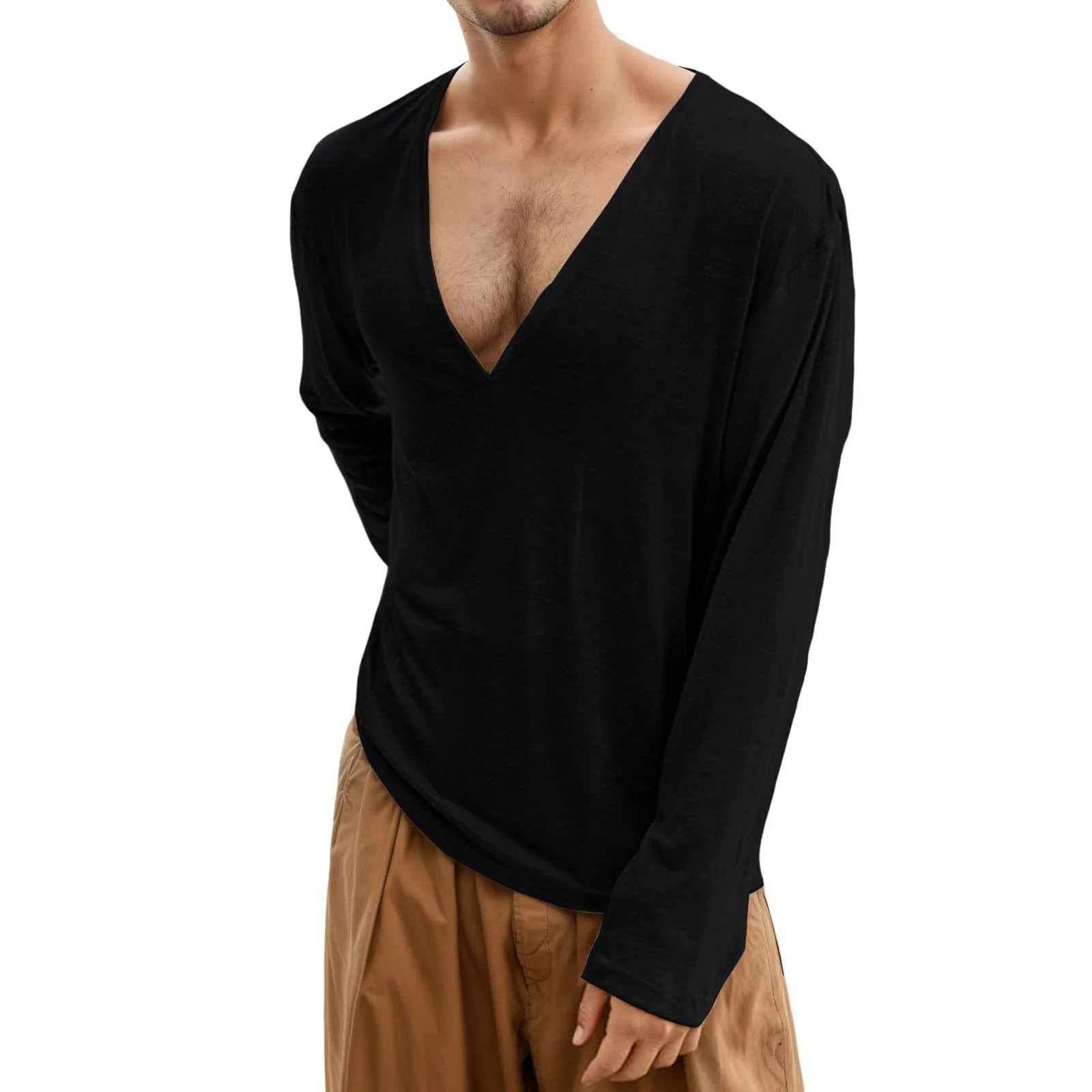Duohropke Maglia a maniche lunghe da uomo con scollo a V profondo, a maniche lunghe, slim fit, camicia a maniche lunghe, da uomo, sexy, oversize, con collo a V, maglietta sportiva sottile, Nero , S - immagine 1