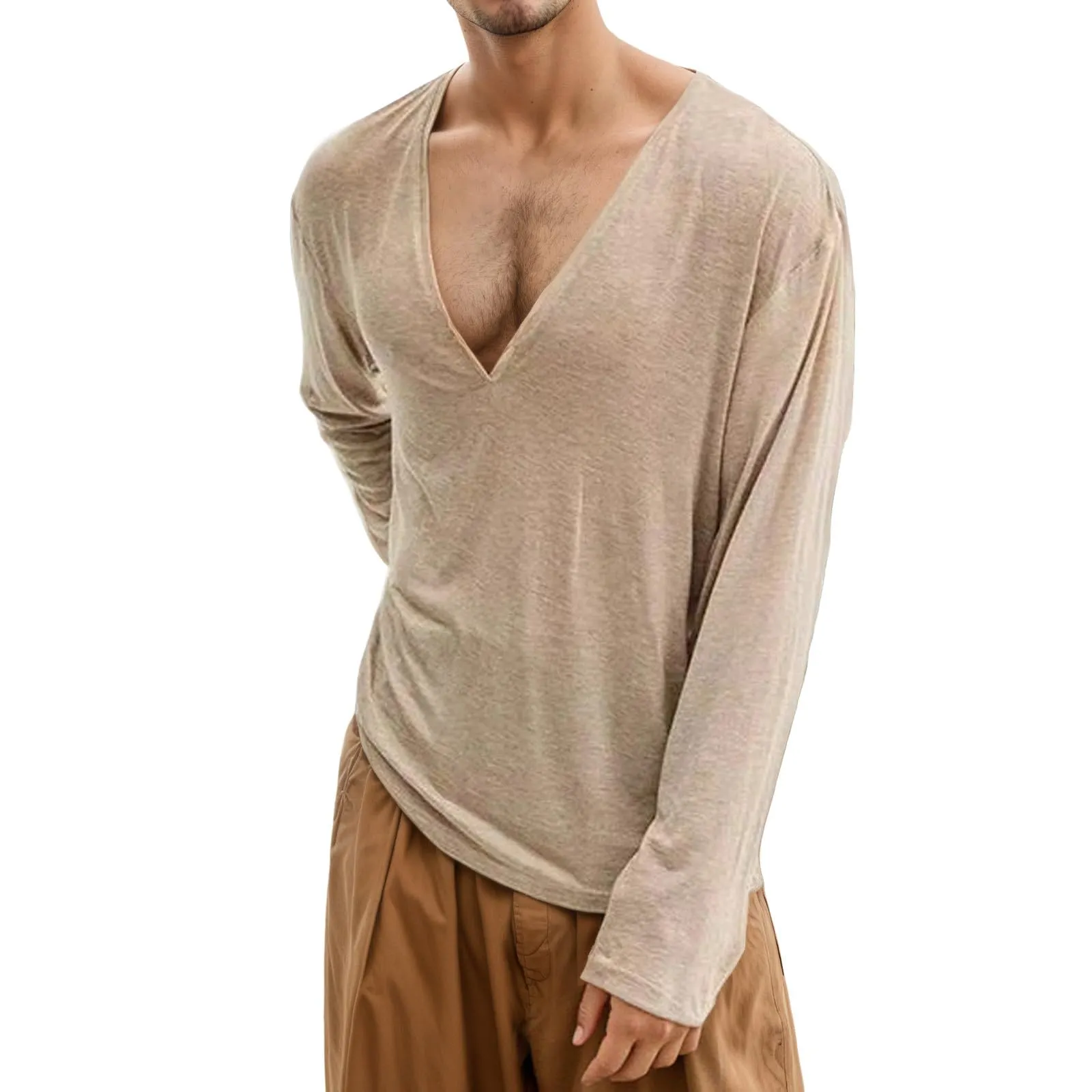 Duohropke Maglia a maniche lunghe da uomo con scollo a V profondo, a maniche lunghe, slim fit, camicia a maniche lunghe, da uomo, sexy, oversize, con collo a V, maglietta sportiva sottile, cachi, M - immagine 1