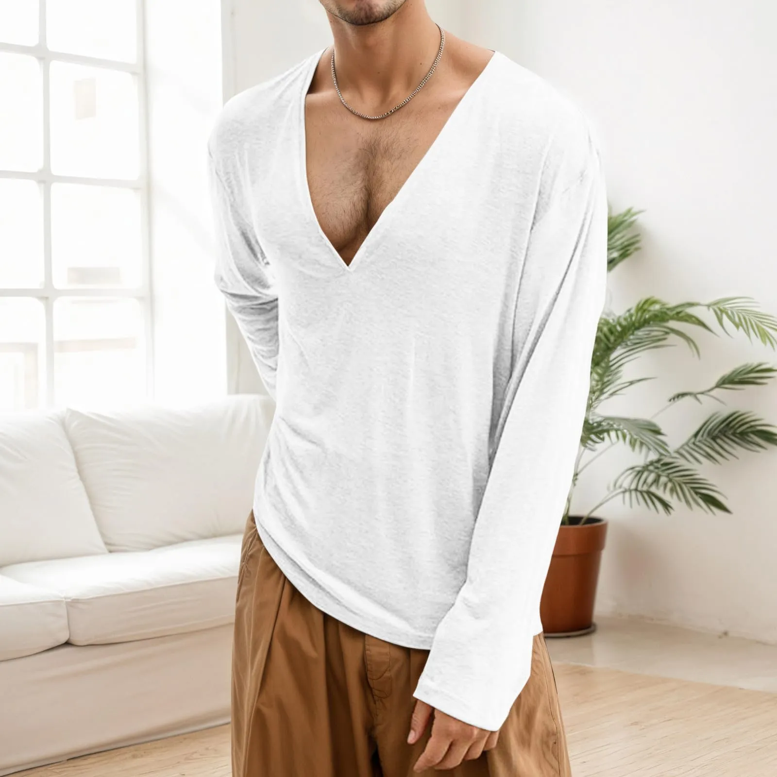 Duohropke Maglia a maniche lunghe da uomo con scollo a V profondo, a maniche lunghe, slim fit, camicia a maniche lunghe, da uomo, sexy, oversize, con collo a V, maglietta sportiva sottile, bianco, L - immagine 2