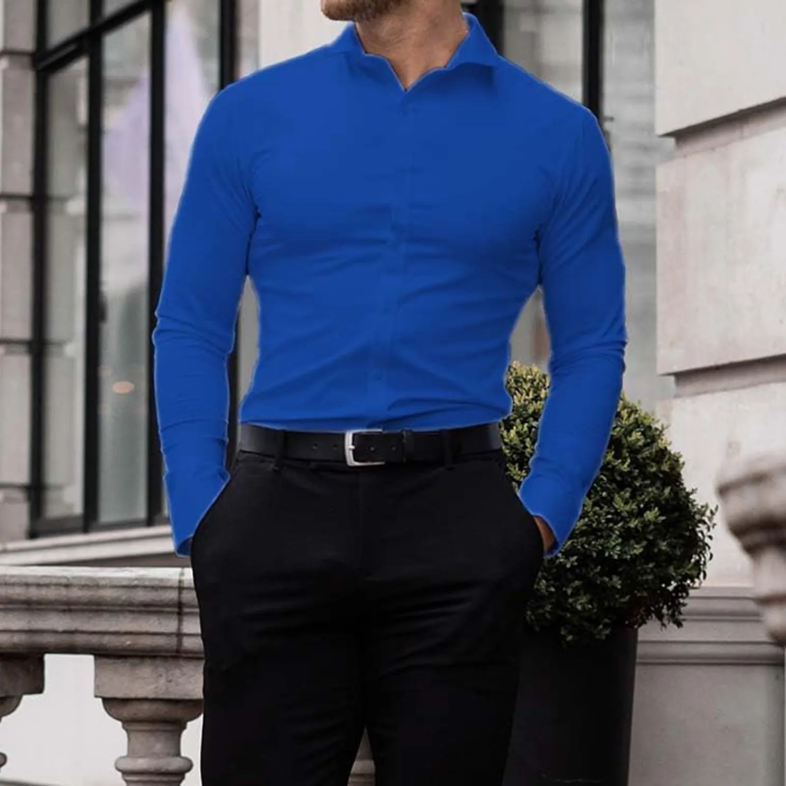 Generico Camicia da Uomo a Taglio Muscle Fit, Atletica Slim Fit, Maniche Lunghe Elasticizzate, Top Casual a Bottoni(BU2, L) - immagine 3