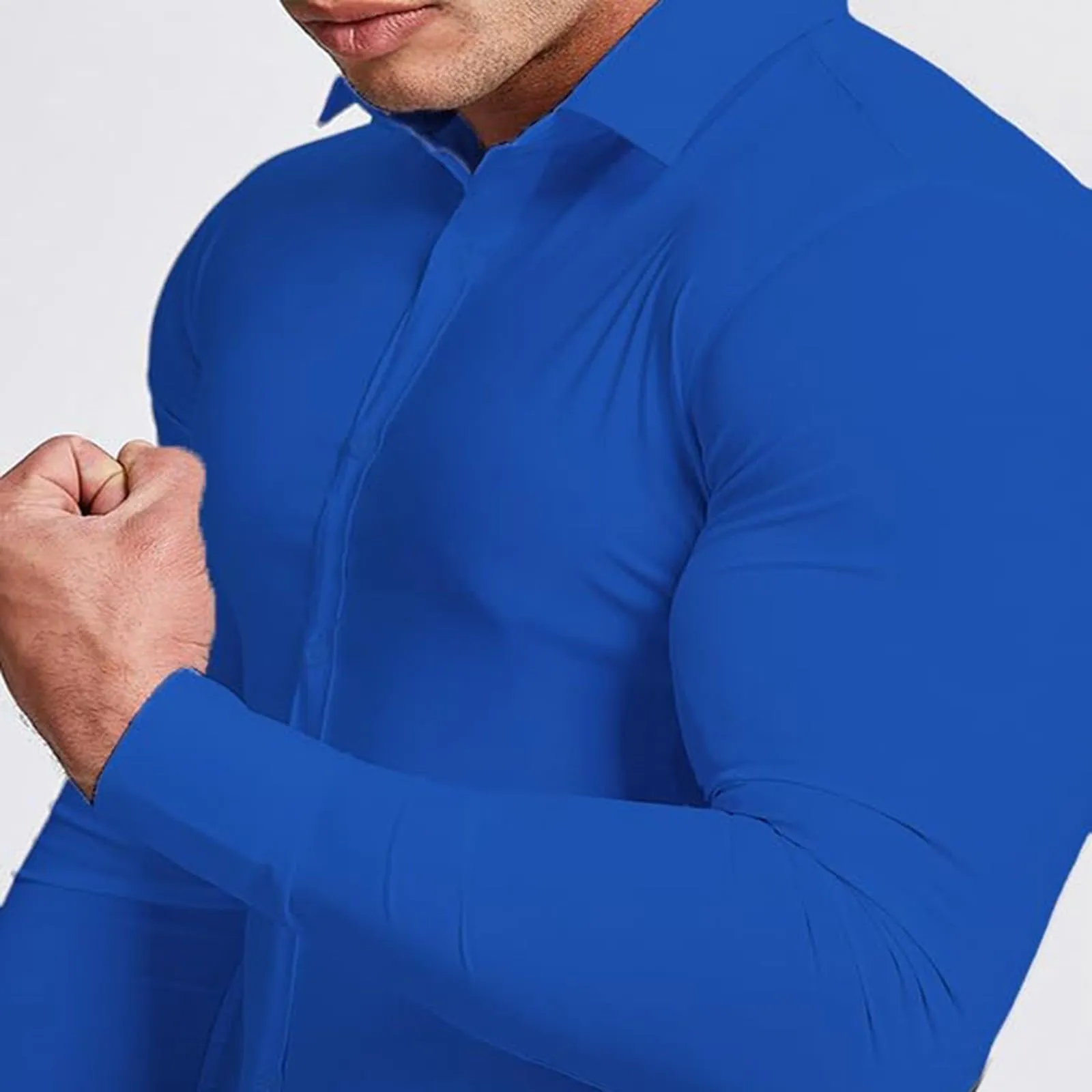 Generico Camicia da Uomo a Taglio Muscle Fit, Atletica Slim Fit, Maniche Lunghe Elasticizzate, Top Casual a Bottoni(BU2, L) - immagine 4