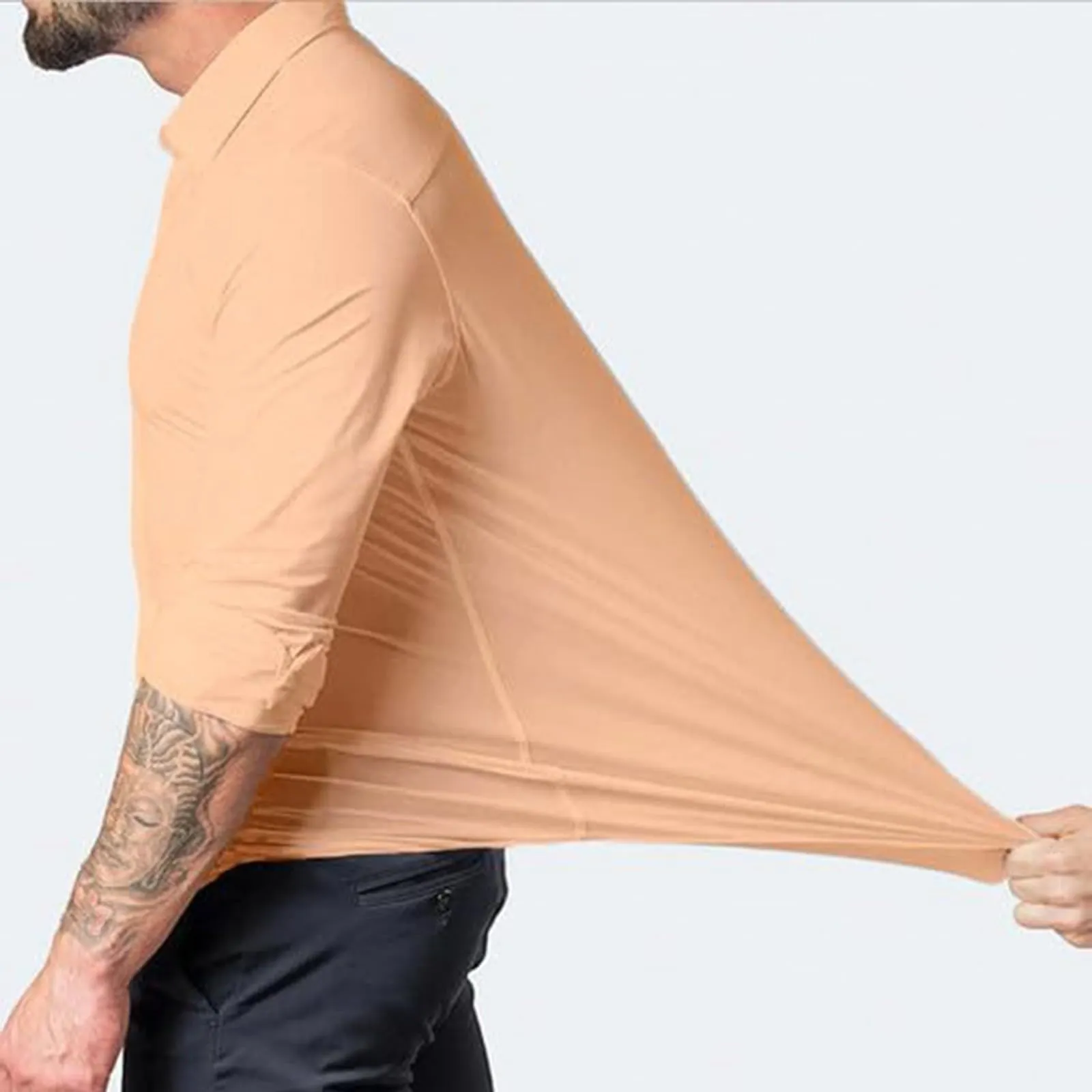 Generico Camicia da Uomo a Taglio Muscle Fit, Atletica Slim Fit, Maniche Lunghe Elasticizzate, Top Casual a Bottoni(Khaki, L) - immagine 3