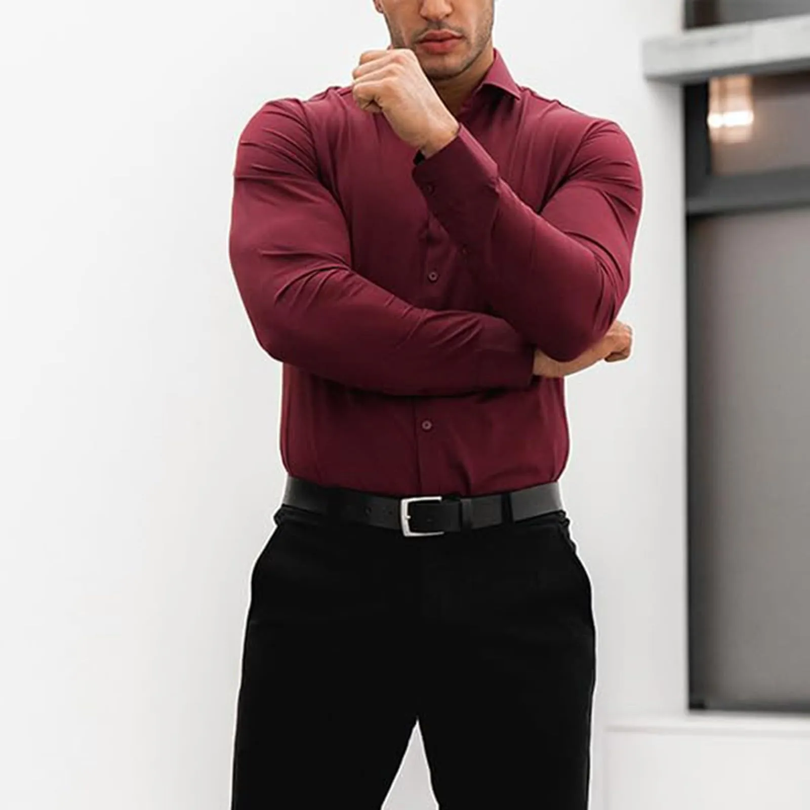 Generico Camicia da Uomo a Taglio Muscle Fit, Atletica Slim Fit, Maniche Lunghe Elasticizzate, Top Casual a Bottoni(Red, M) - immagine 3