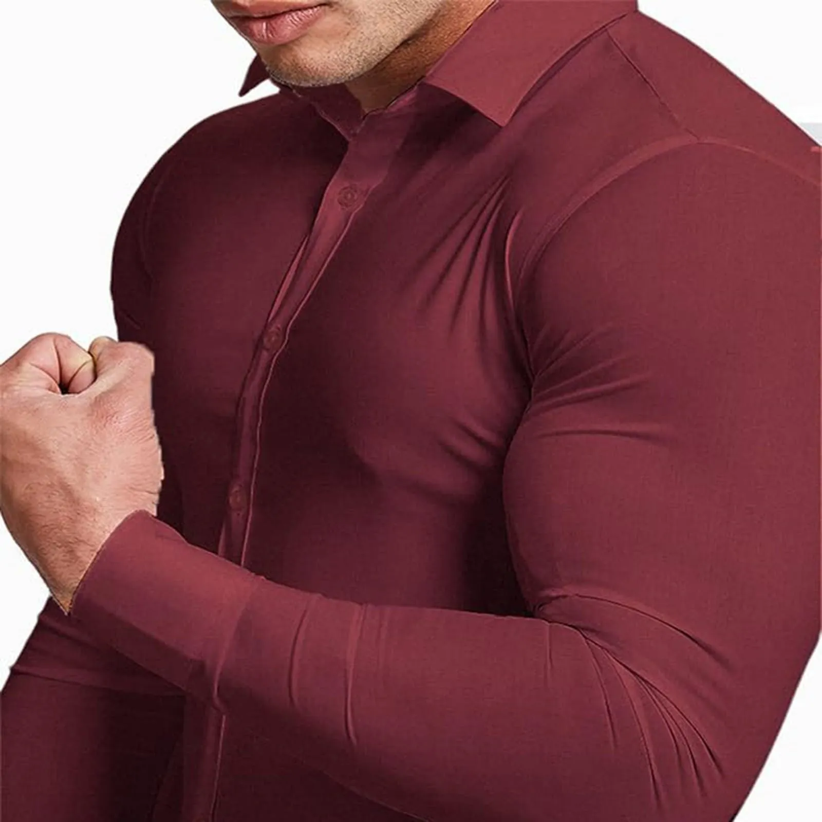 Generico Camicia da Uomo a Taglio Muscle Fit, Atletica Slim Fit, Maniche Lunghe Elasticizzate, Top Casual a Bottoni(Red, M) - immagine 4