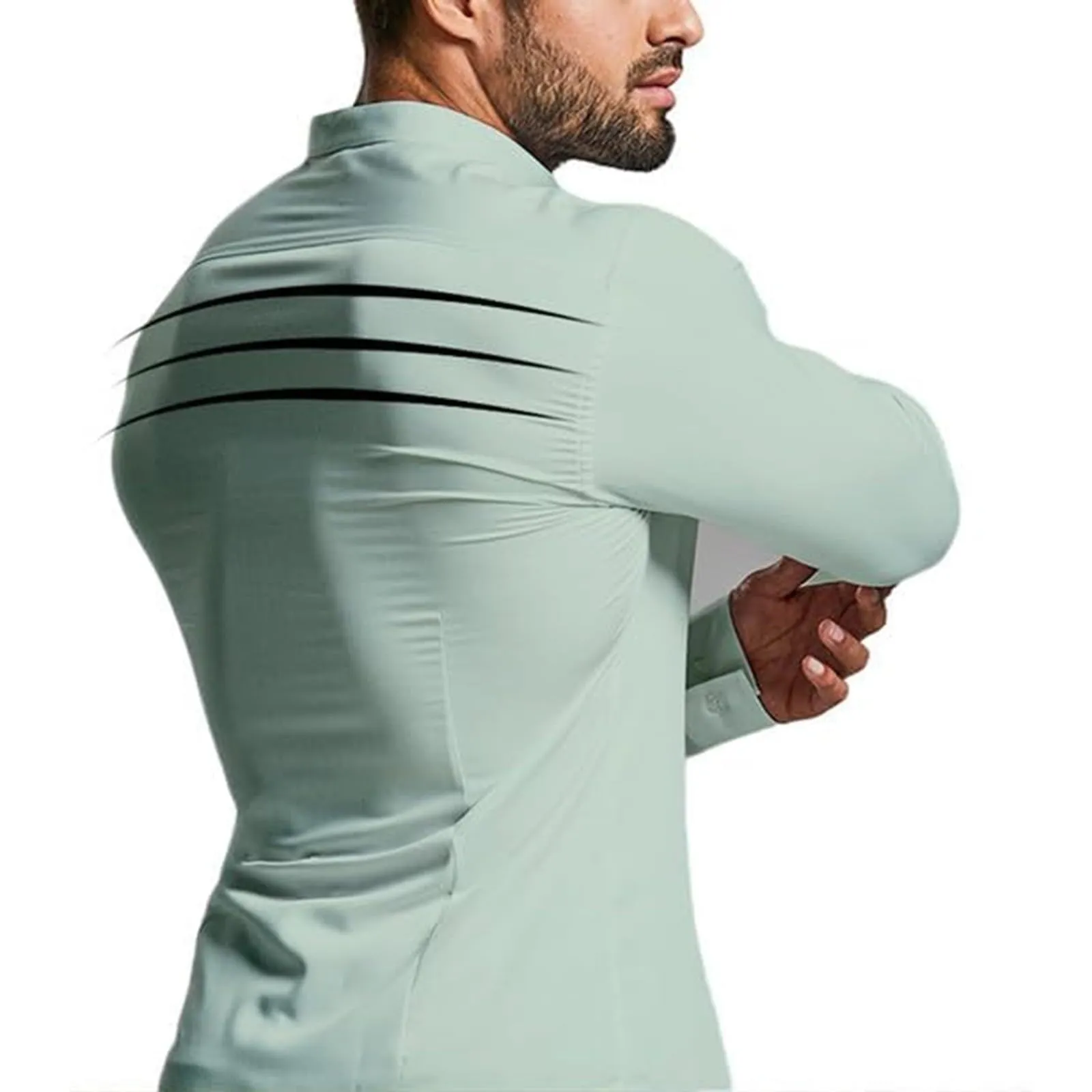 Generico Camicia da Uomo a Taglio Muscle Fit, Atletica Slim Fit, Maniche Lunghe Elasticizzate, Top Casual a Bottoni(Light Blue, M) - immagine 5