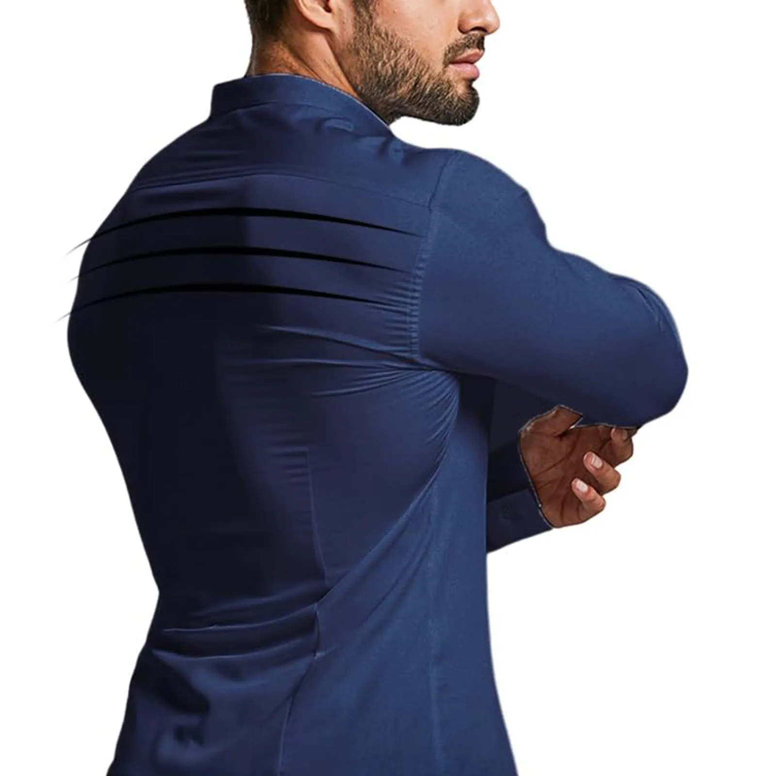 Generico Camicia da Uomo a Taglio Muscle Fit, Atletica Slim Fit, Maniche Lunghe Elasticizzate, Top Casual a Bottoni(Navy, L) - immagine 5