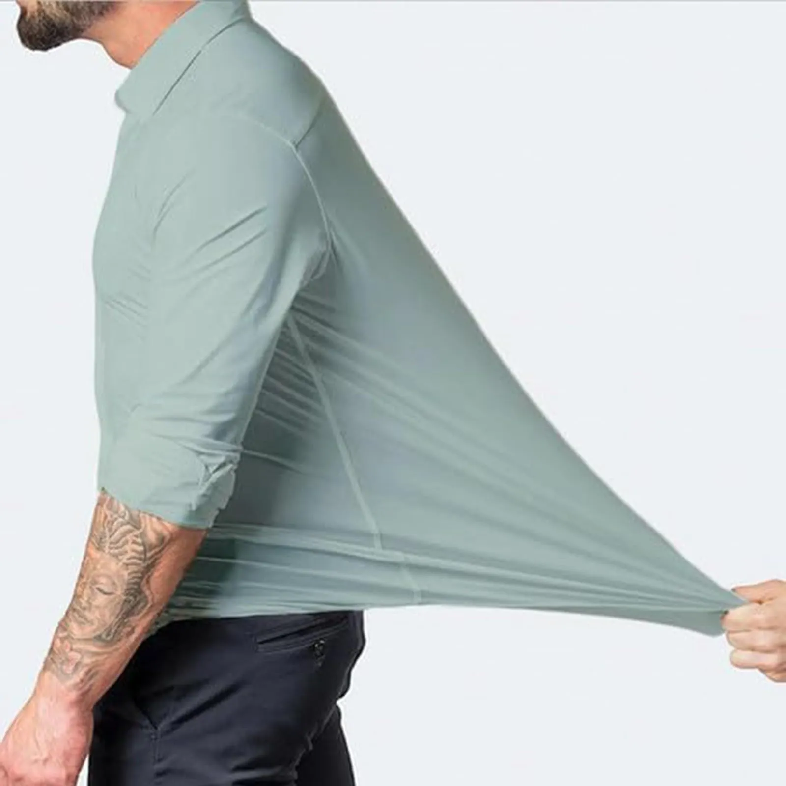 Generico Camicia da Uomo a Taglio Muscle Fit, Atletica Slim Fit, Maniche Lunghe Elasticizzate, Top Casual a Bottoni(Light Blue, XL) - immagine 3
