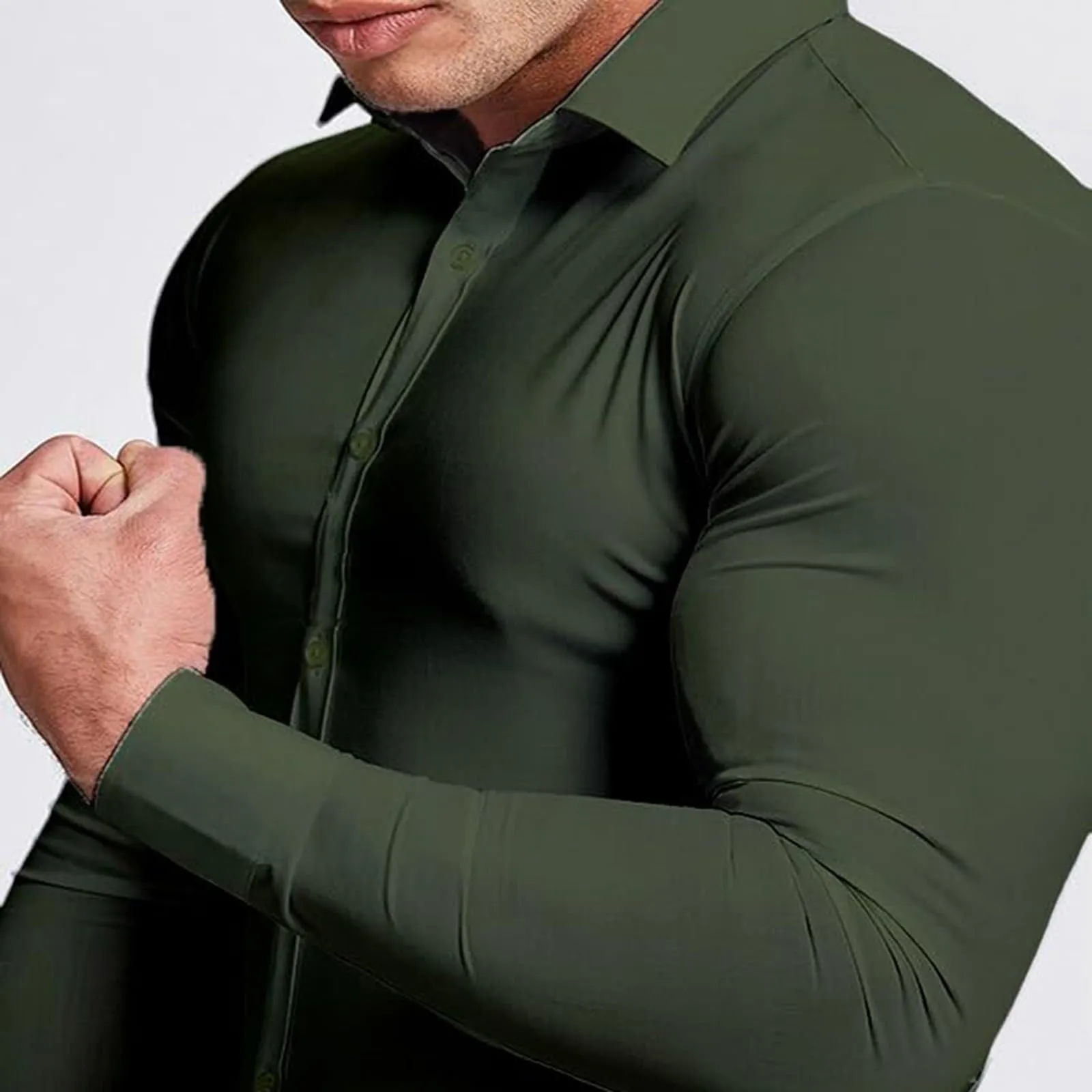 Generico Camicia da Uomo a Taglio Muscle Fit, Atletica Slim Fit, Maniche Lunghe Elasticizzate, Top Casual a Bottoni(Mint Green, L) - immagine 4