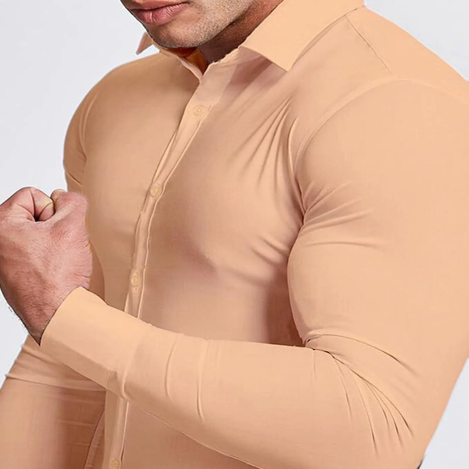 Generico Camicia da Uomo a Taglio Muscle Fit, Atletica Slim Fit, Maniche Lunghe Elasticizzate, Top Casual a Bottoni(Khaki, XXXL) - immagine 4