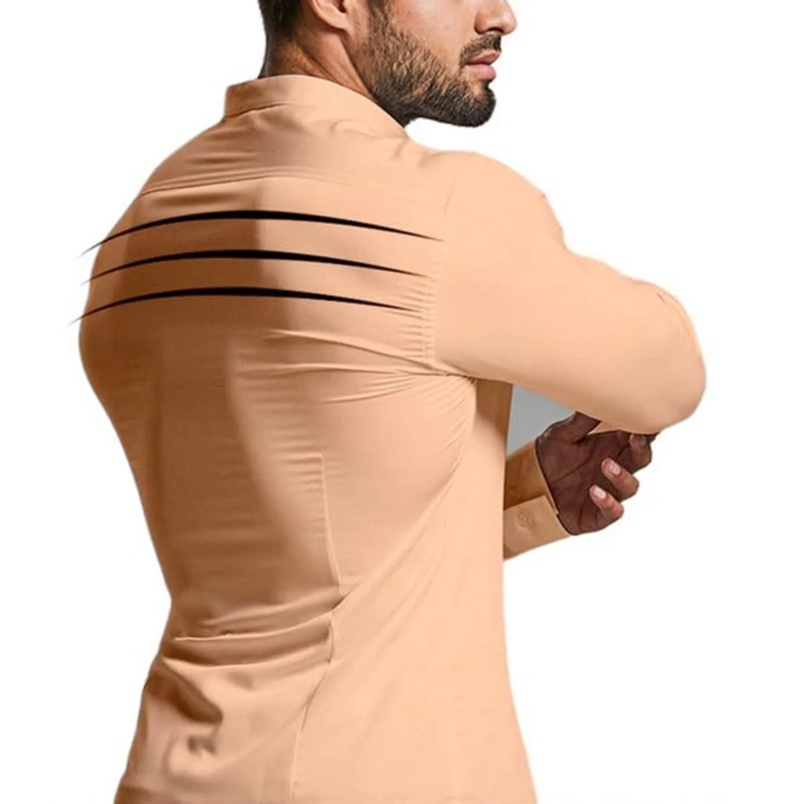 Generico Camicia da Uomo a Taglio Muscle Fit, Atletica Slim Fit, Maniche Lunghe Elasticizzate, Top Casual a Bottoni(Khaki, XXXL) - immagine 5