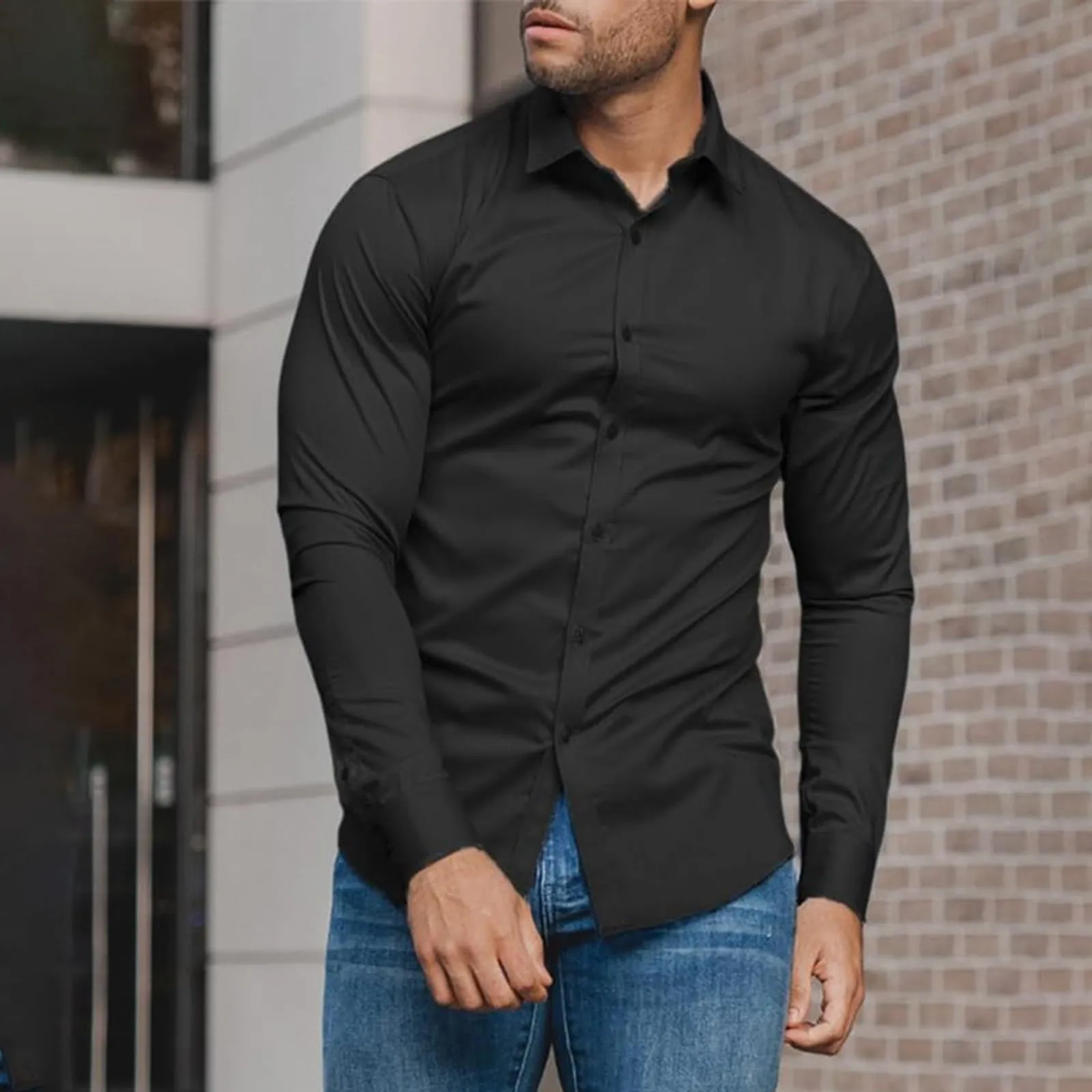 Generico Camicia da Uomo a Taglio Muscle Fit, Atletica Slim Fit, Maniche Lunghe Elasticizzate, Top Casual a Bottoni(Black, XXXXL) - immagine 3