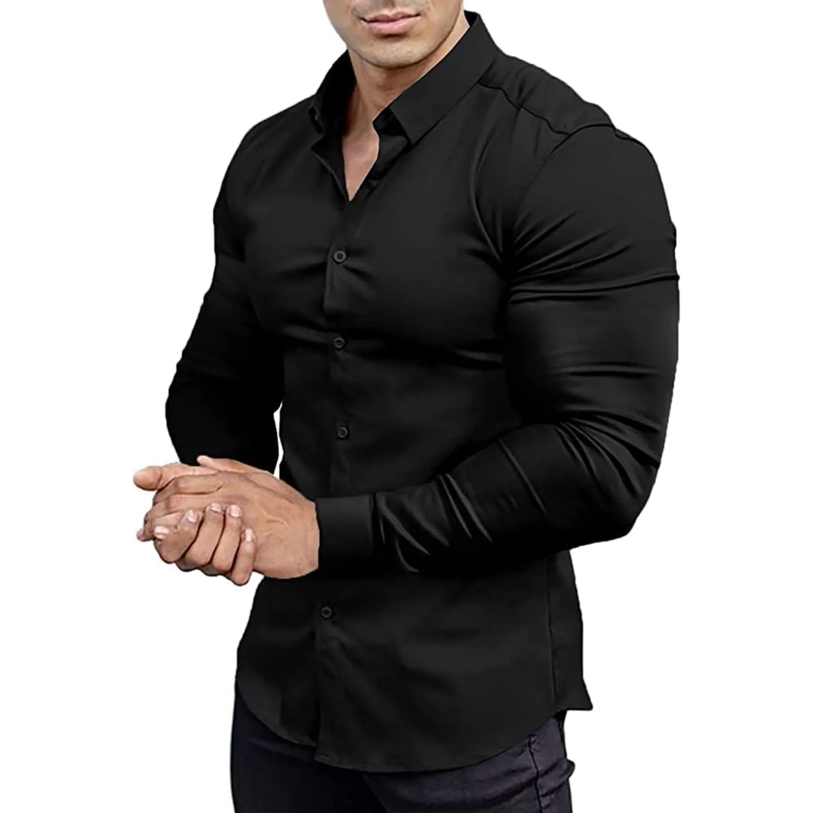 Generico Camicia da Uomo a Taglio Muscle Fit, Atletica Slim Fit, Maniche Lunghe Elasticizzate, Top Casual a Bottoni(Black, S) - immagine 1