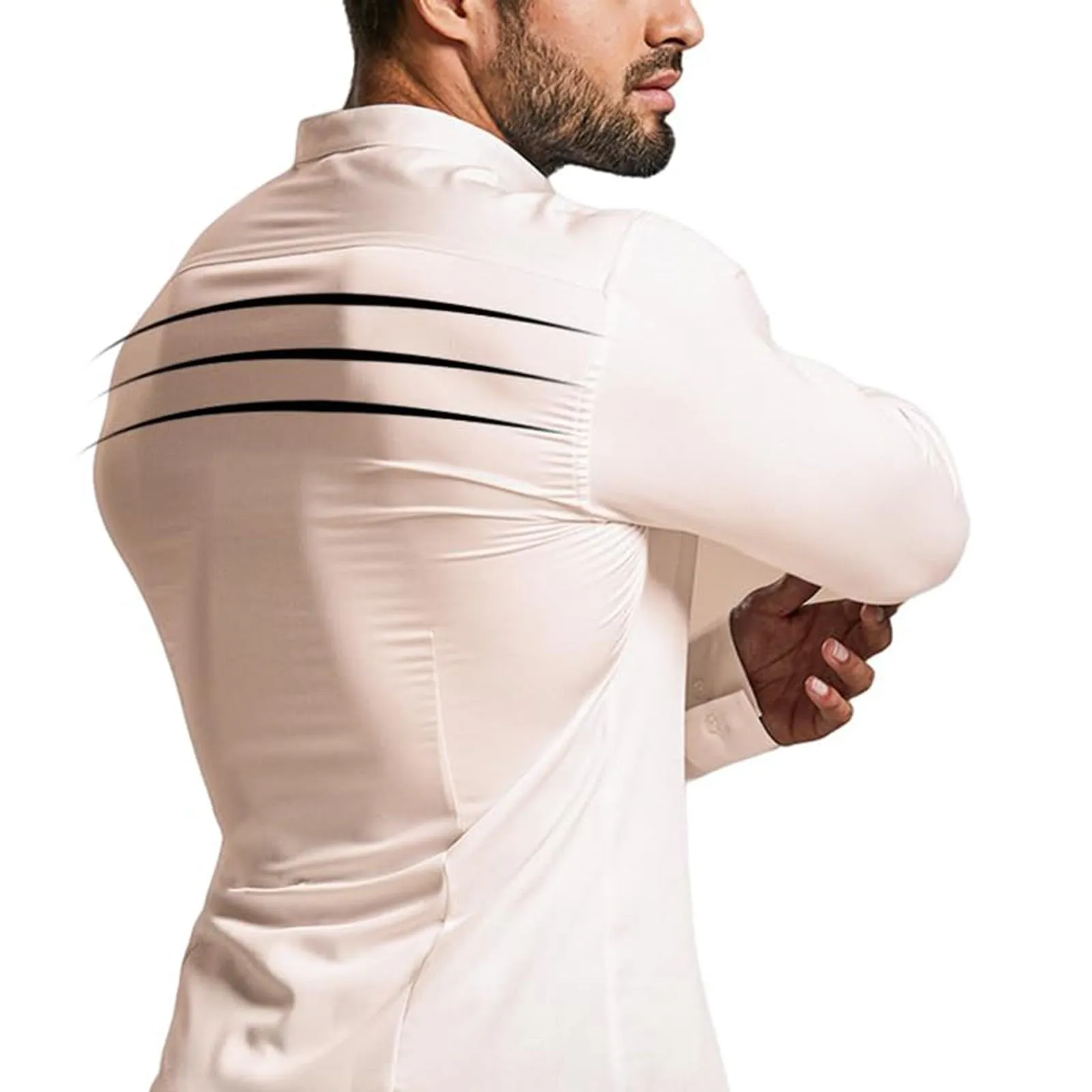Generico Camicia da Uomo a Taglio Muscle Fit, Atletica Slim Fit, Maniche Lunghe Elasticizzate, Top Casual a Bottoni(Beige, S) - immagine 5