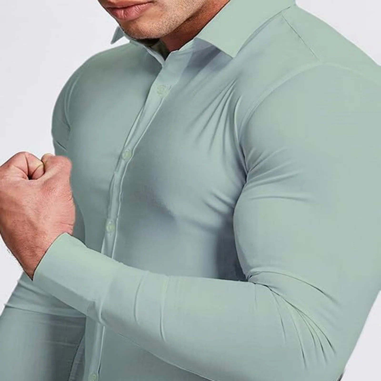 Generico Camicia da Uomo a Taglio Muscle Fit, Atletica Slim Fit, Maniche Lunghe Elasticizzate, Top Casual a Bottoni(Light Blue, XXXXL) - immagine 4