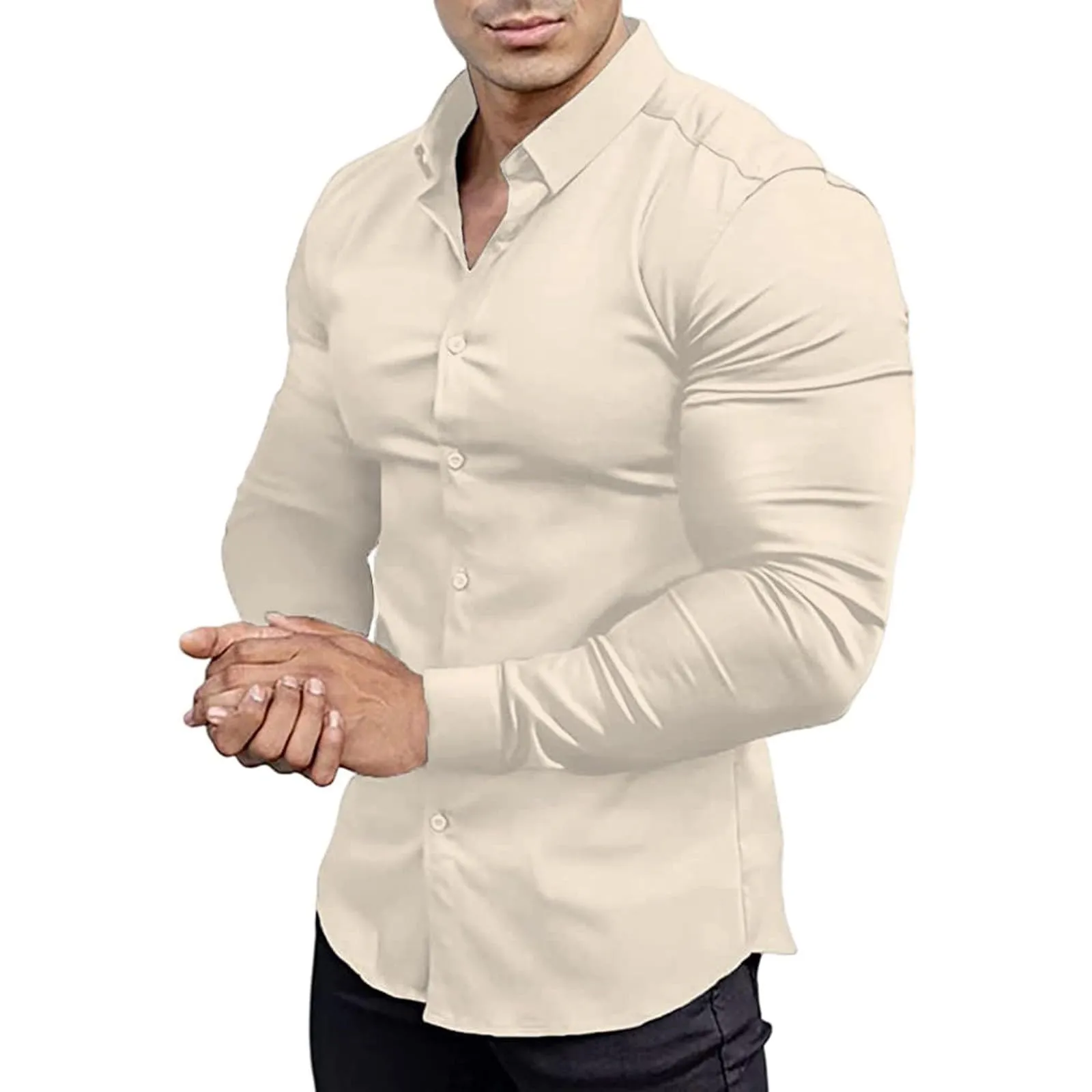 Generico Camicia da Uomo a Taglio Muscle Fit, Atletica Slim Fit, Maniche Lunghe Elasticizzate, Top Casual a Bottoni(Beige, L) - immagine 1