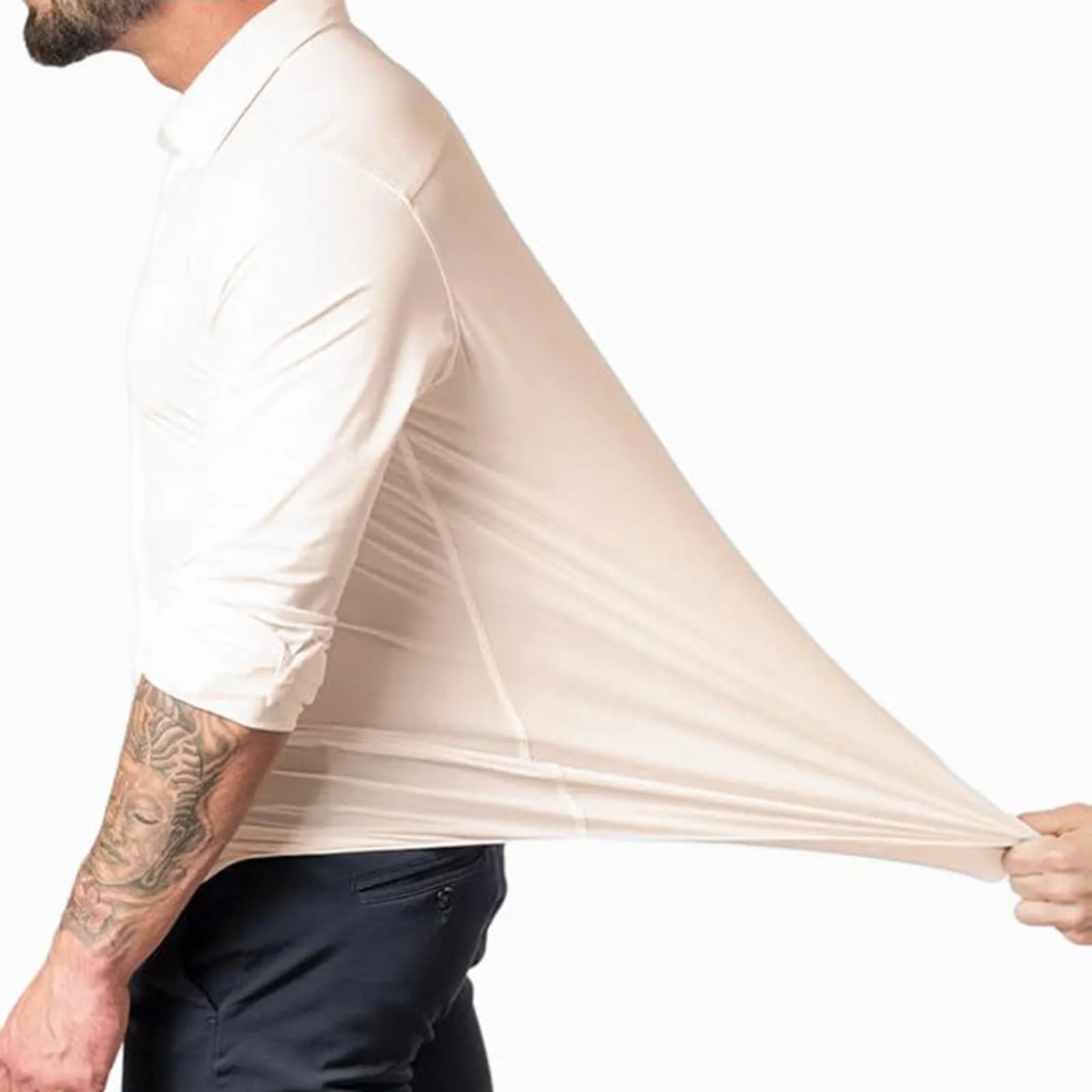 Generico Camicia da Uomo a Taglio Muscle Fit, Atletica Slim Fit, Maniche Lunghe Elasticizzate, Top Casual a Bottoni(Beige, L) - immagine 2