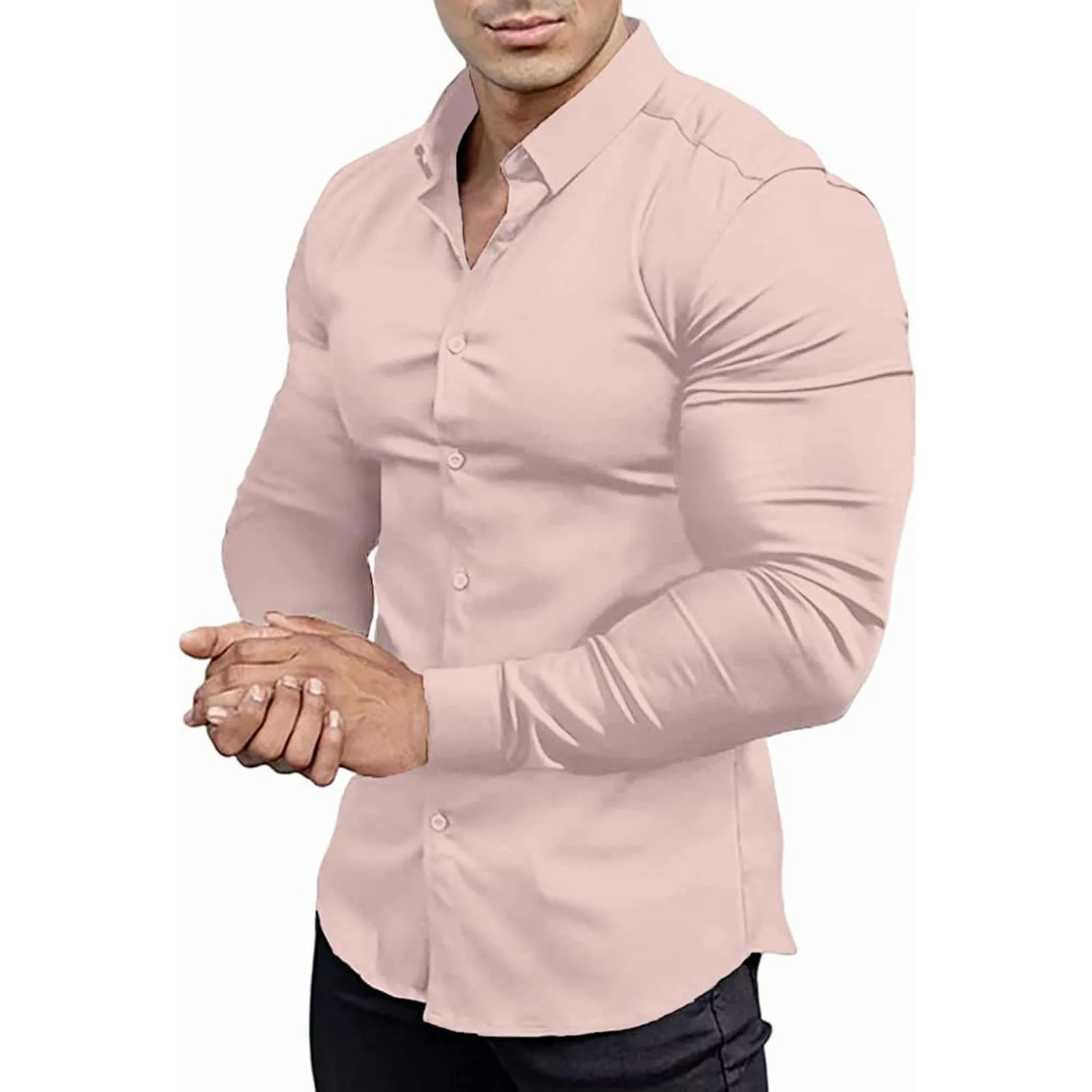 Generico Camicia da Uomo a Taglio Muscle Fit, Atletica Slim Fit, Maniche Lunghe Elasticizzate, Top Casual a Bottoni(PK2, XXXL) - immagine 1