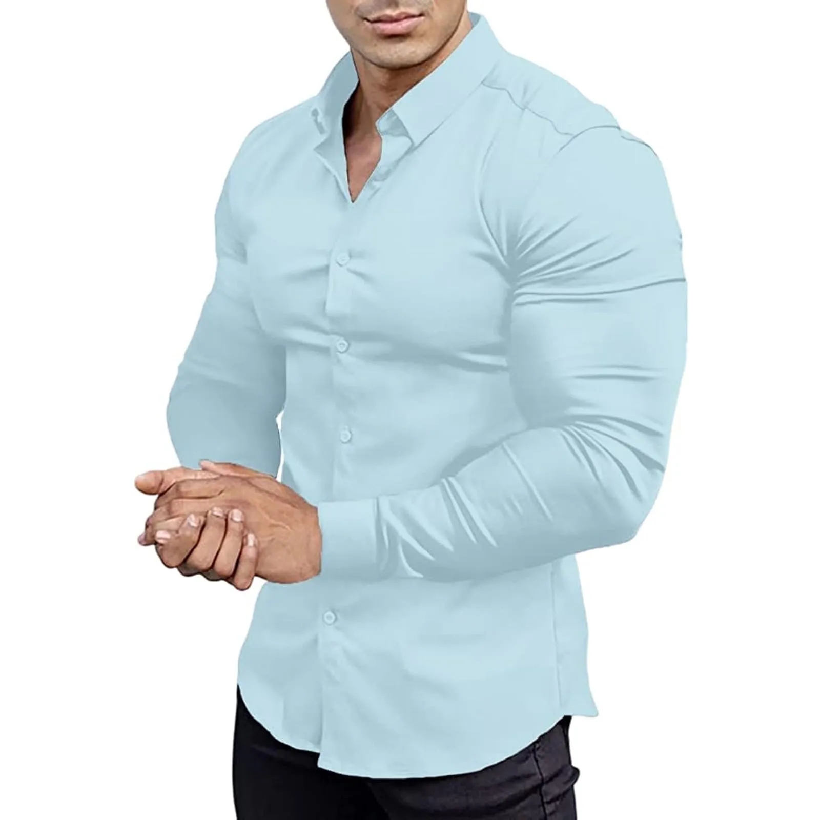 Generico Camicia da Uomo a Taglio Muscle Fit, Atletica Slim Fit, Maniche Lunghe Elasticizzate, Top Casual a Bottoni(BU1, XXL) - immagine 1