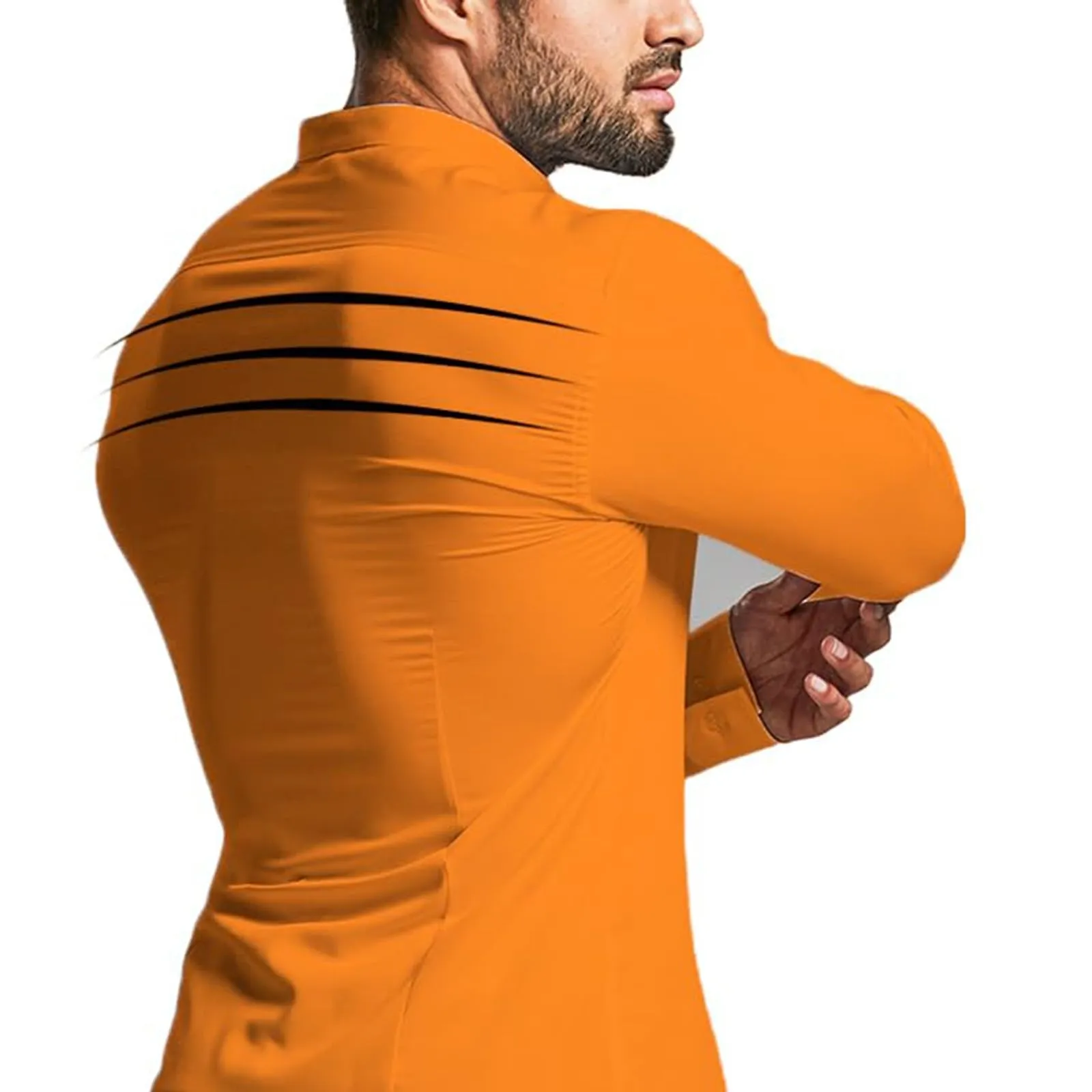 Generico Camicia da Uomo a Taglio Muscle Fit, Atletica Slim Fit, Maniche Lunghe Elasticizzate, Top Casual a Bottoni(Orange, M) - immagine 5