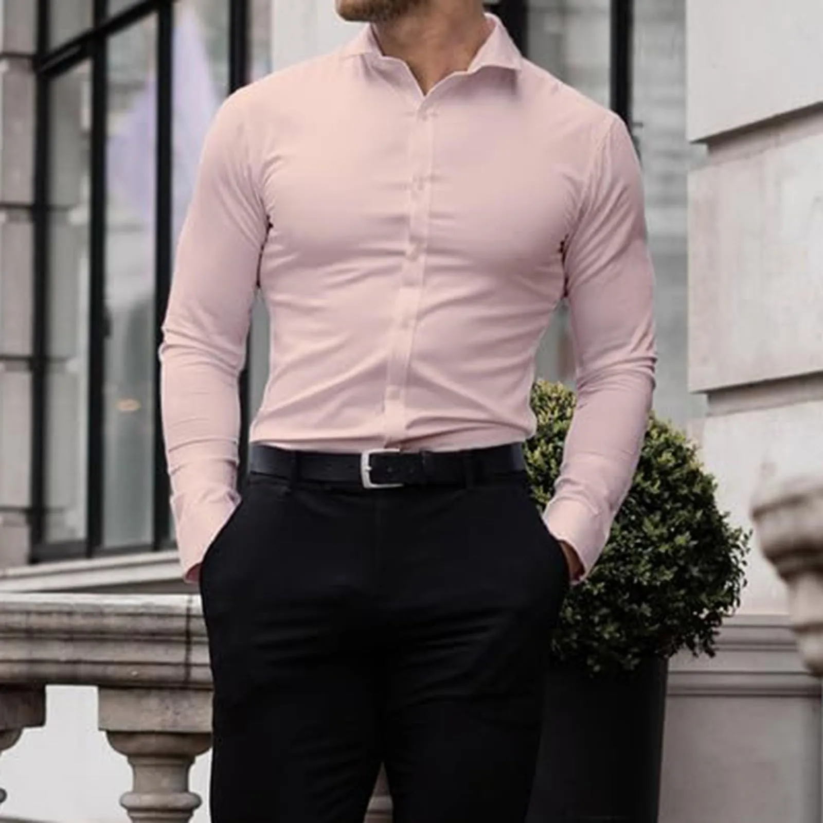 Generico Camicia da Uomo a Taglio Muscle Fit, Atletica Slim Fit, Maniche Lunghe Elasticizzate, Top Casual a Bottoni(PK2, S) - immagine 2