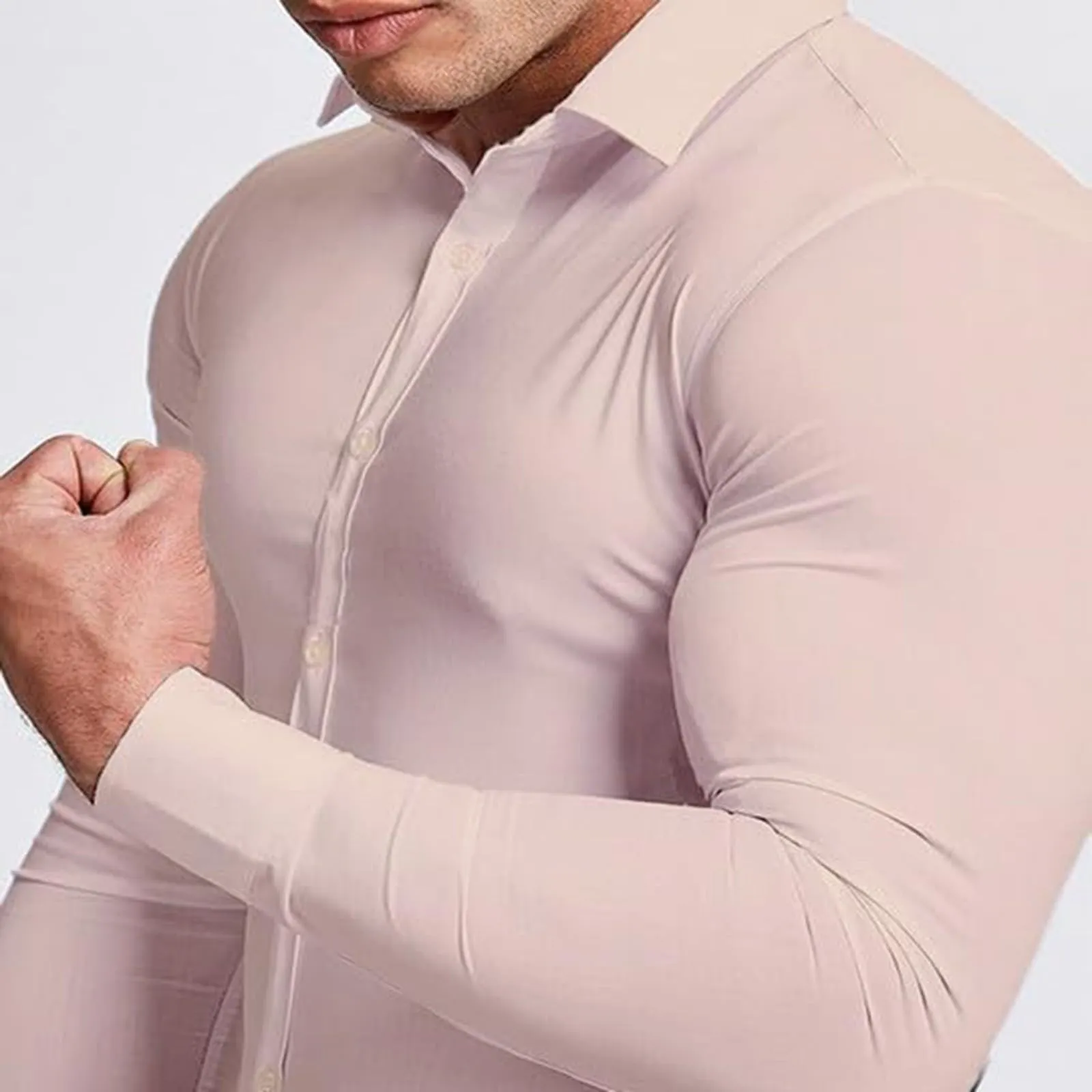 Generico Camicia da Uomo a Taglio Muscle Fit, Atletica Slim Fit, Maniche Lunghe Elasticizzate, Top Casual a Bottoni(PK2, S) - immagine 4