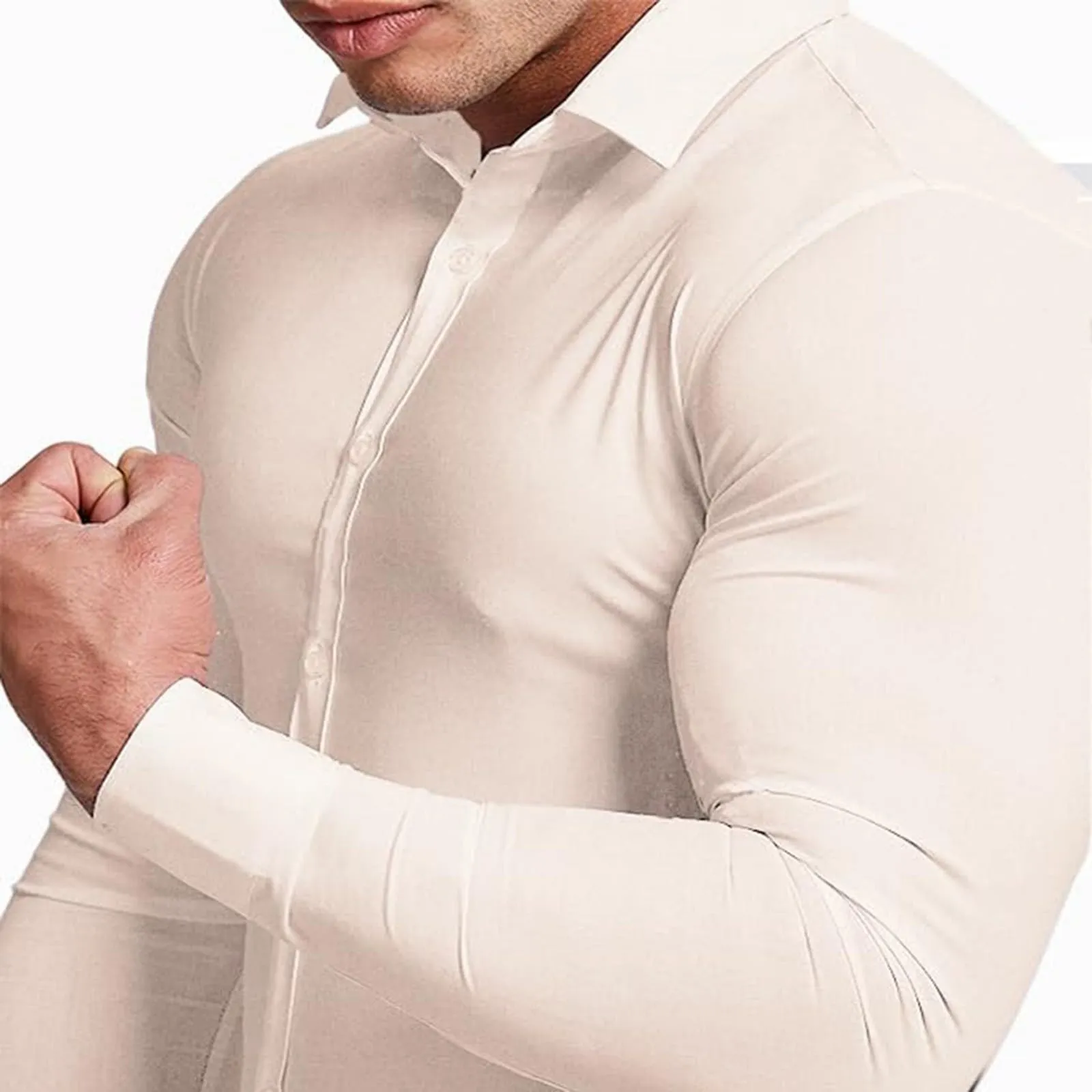 Generico Camicia da Uomo a Taglio Muscle Fit, Atletica Slim Fit, Maniche Lunghe Elasticizzate, Top Casual a Bottoni(Beige, XXL) - immagine 4