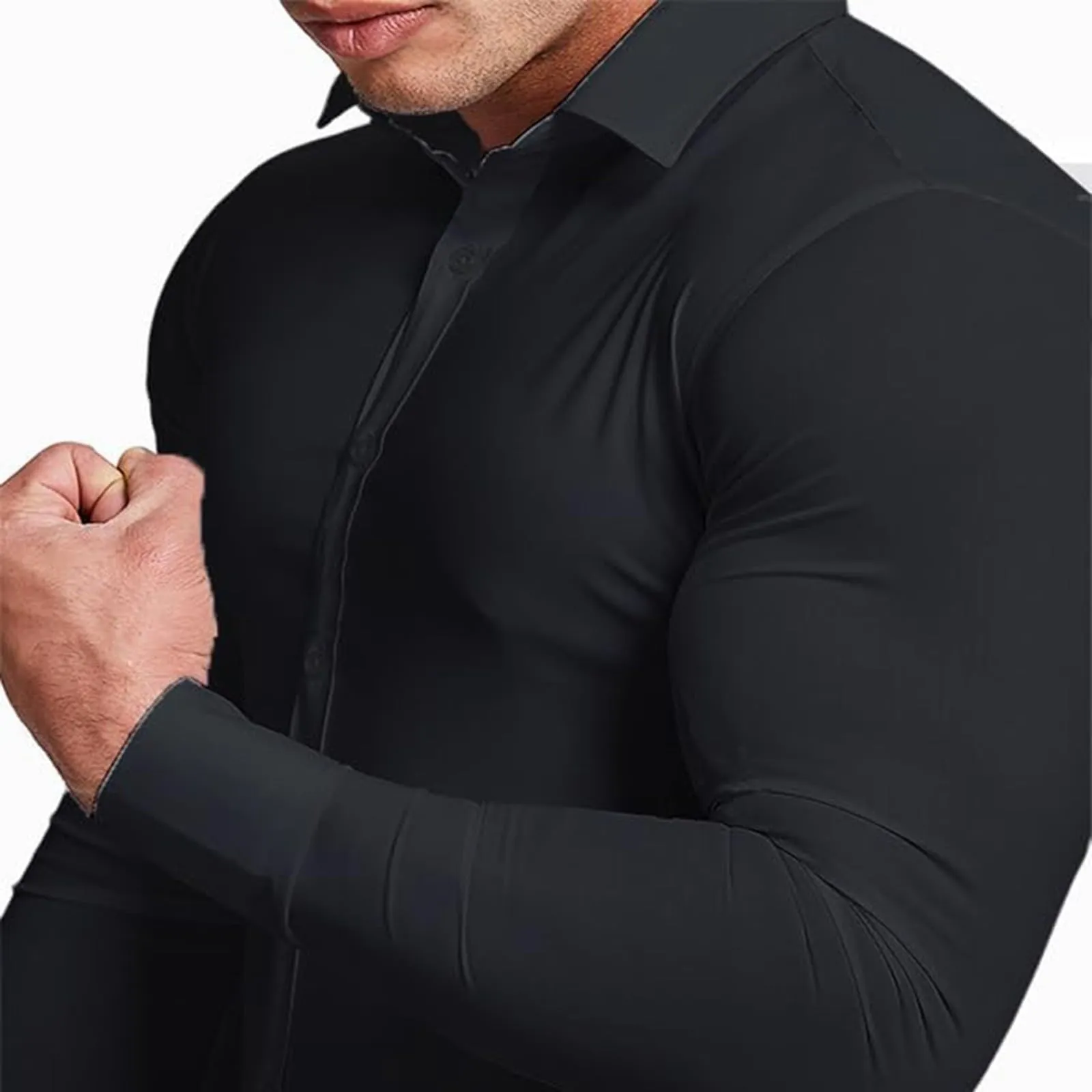 Generico Camicia da Uomo a Taglio Muscle Fit, Atletica Slim Fit, Maniche Lunghe Elasticizzate, Top Casual a Bottoni(Black, XL) - immagine 2