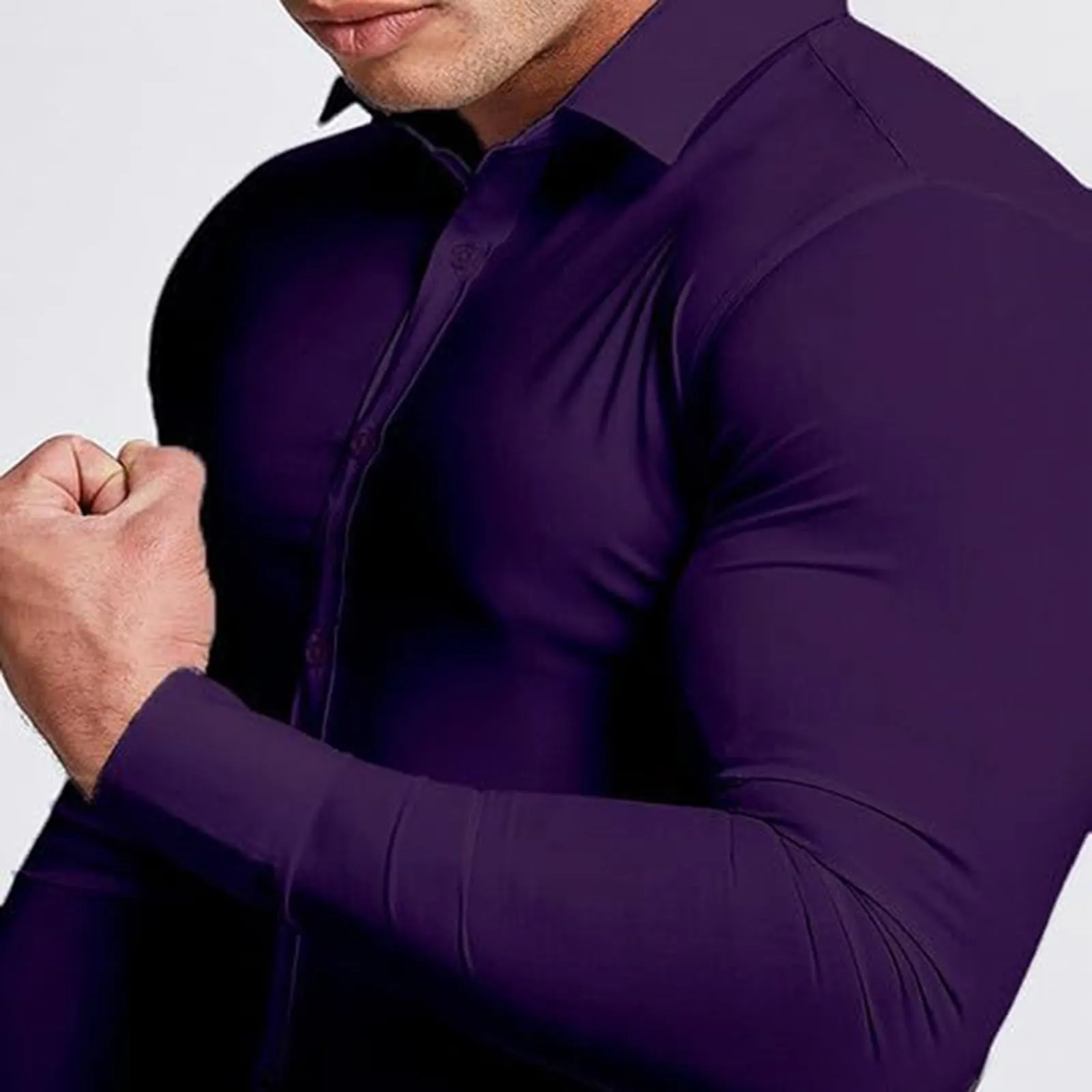 Generico Camicia da Uomo a Taglio Muscle Fit, Atletica Slim Fit, Maniche Lunghe Elasticizzate, Top Casual a Bottoni(Purple, S) - immagine 4