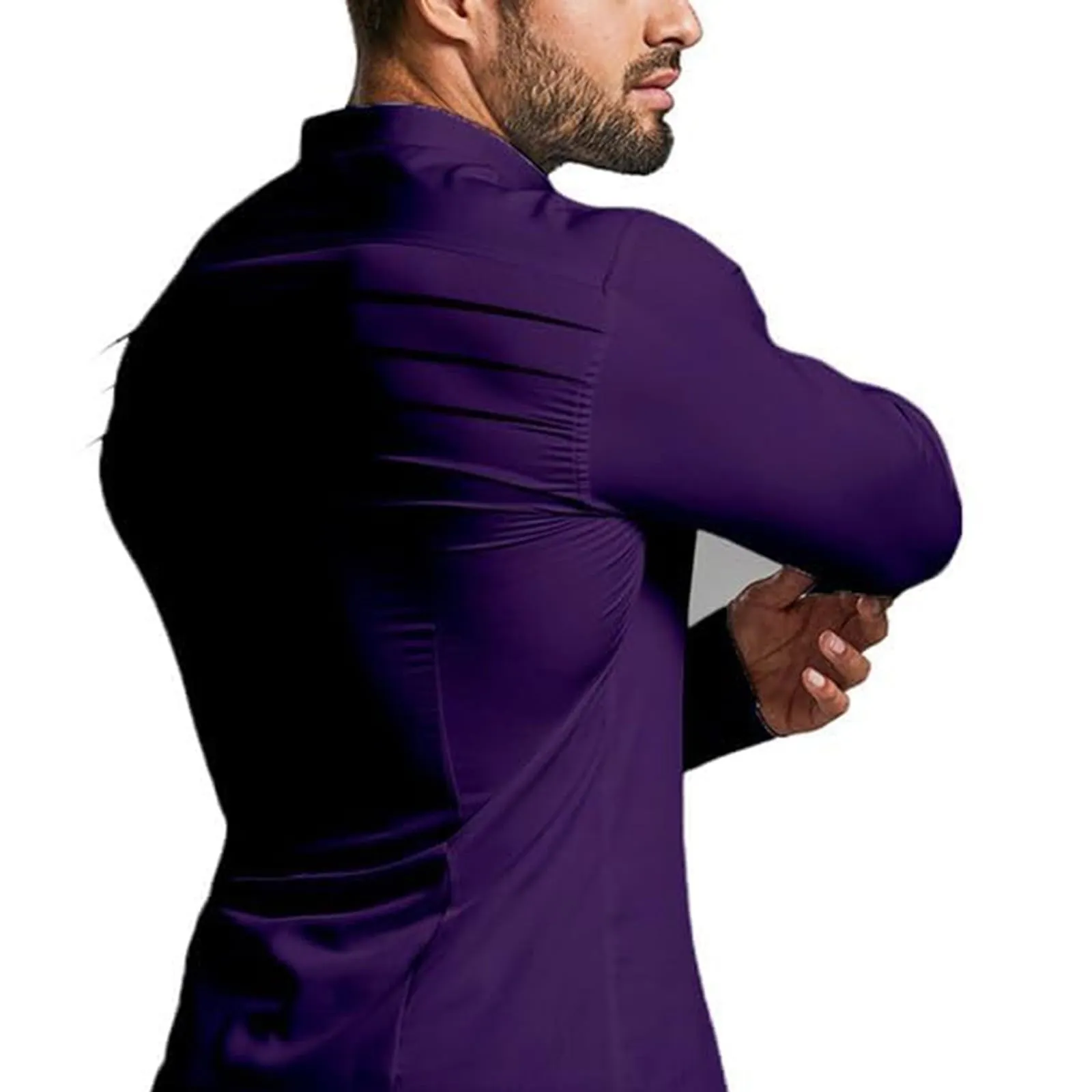 Generico Camicia da Uomo a Taglio Muscle Fit, Atletica Slim Fit, Maniche Lunghe Elasticizzate, Top Casual a Bottoni(Purple, S) - immagine 5