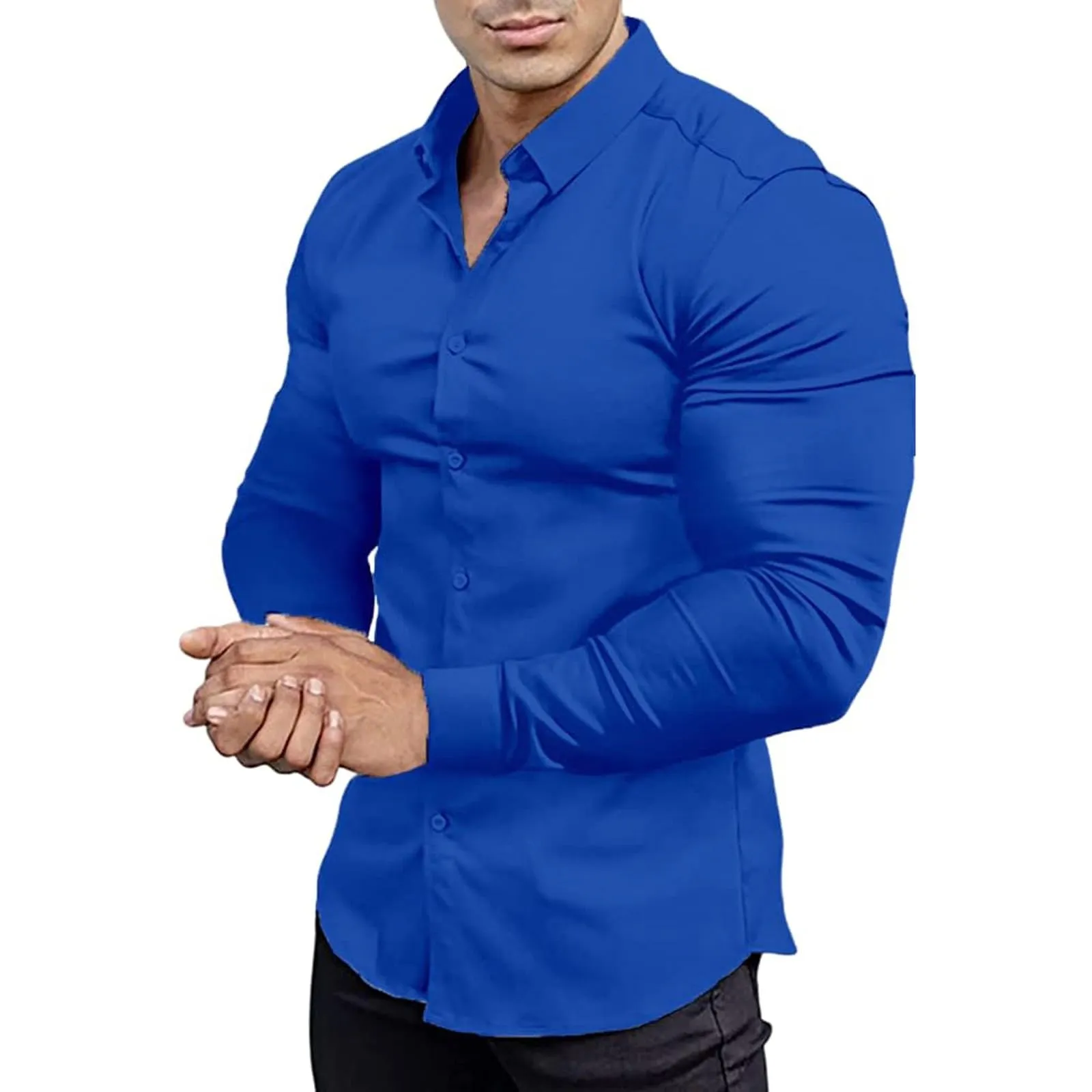 Generico Camicia da Uomo a Taglio Muscle Fit, Atletica Slim Fit, Maniche Lunghe Elasticizzate, Top Casual a Bottoni(BU2, XXXXL) - immagine 1