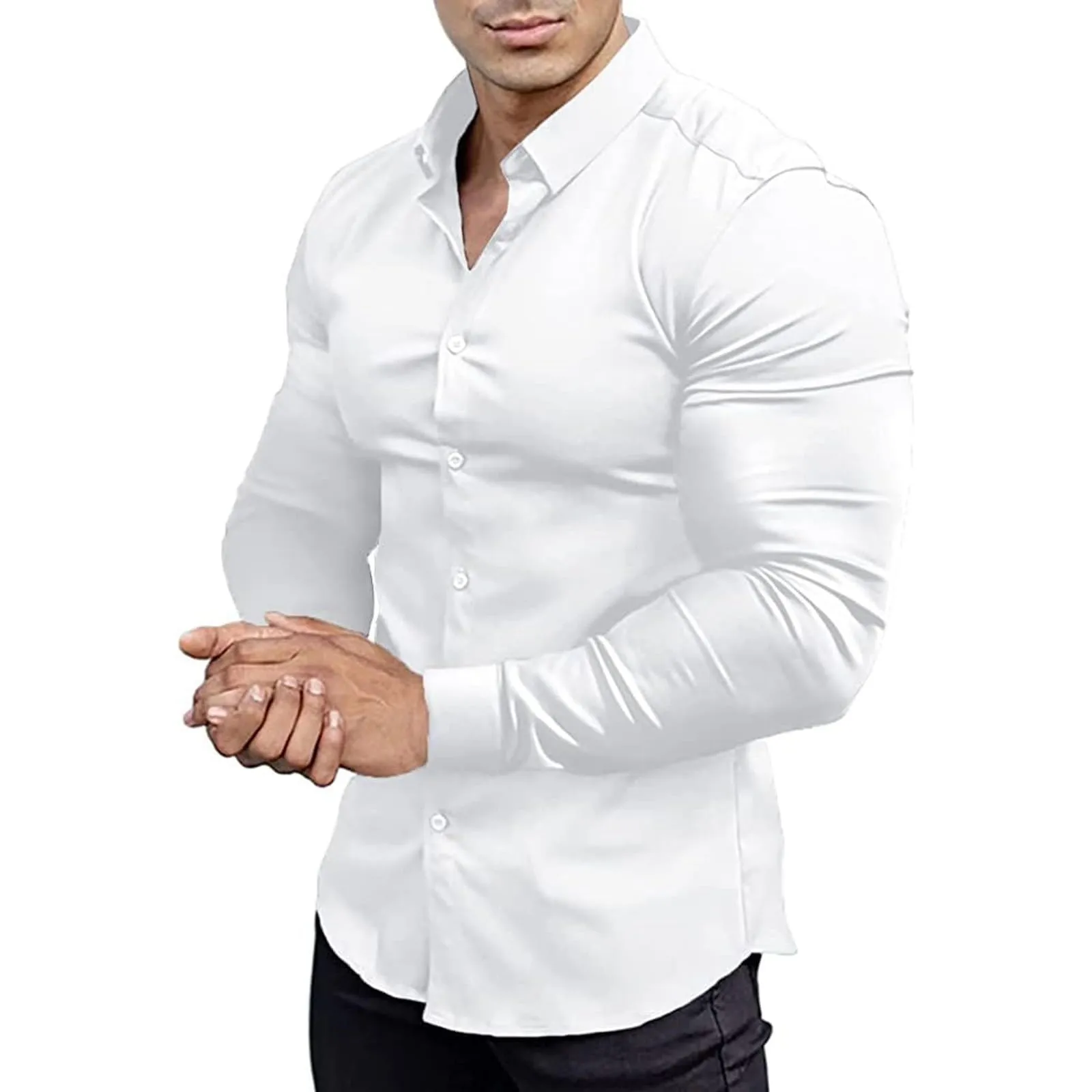 Generico Camicia da Uomo a Taglio Muscle Fit, Atletica Slim Fit, Maniche Lunghe Elasticizzate, Top Casual a Bottoni(White, S) - immagine 1