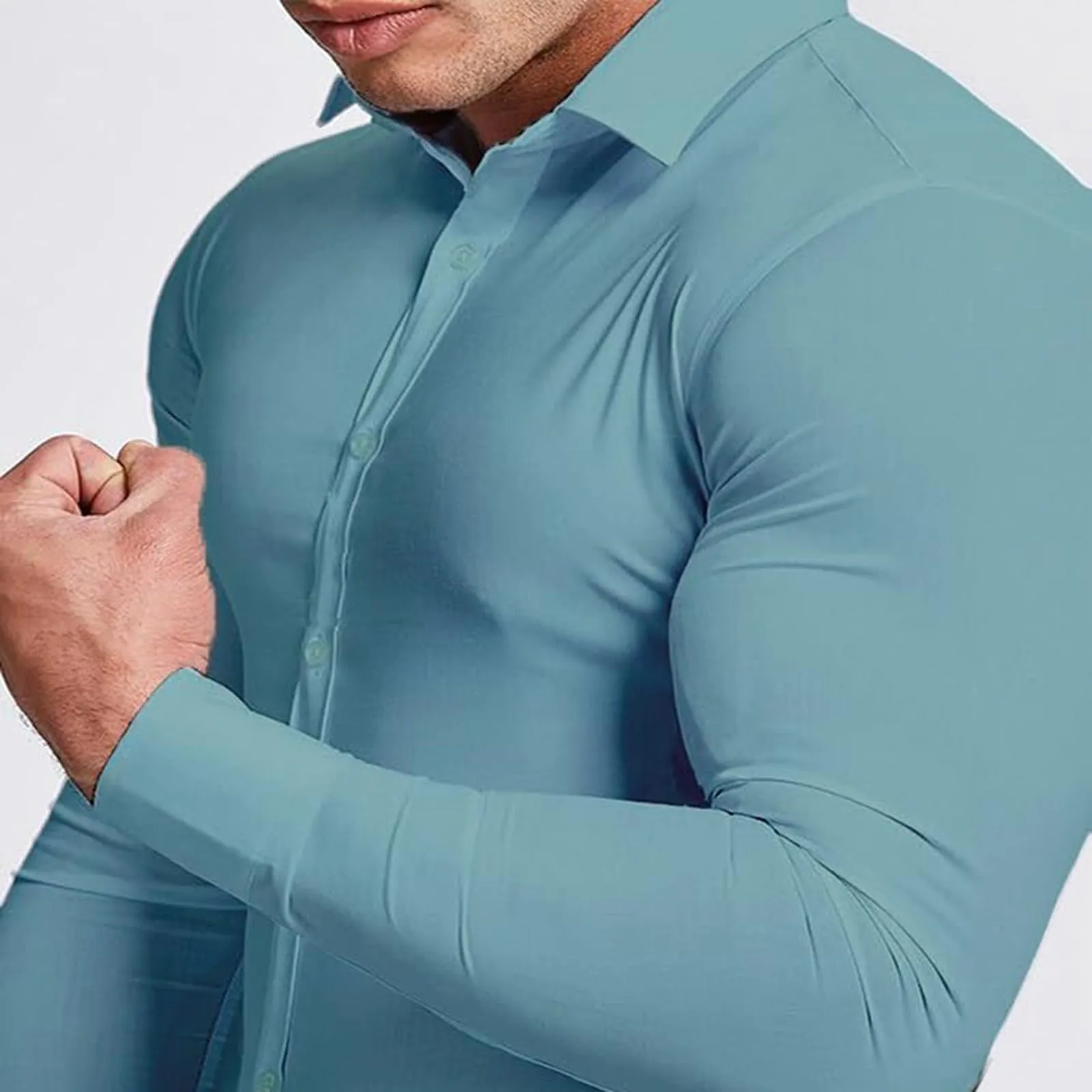 Generico Camicia da Uomo a Taglio Muscle Fit, Atletica Slim Fit, Maniche Lunghe Elasticizzate, Top Casual a Bottoni(Sky Blue, XXXL) - immagine 4