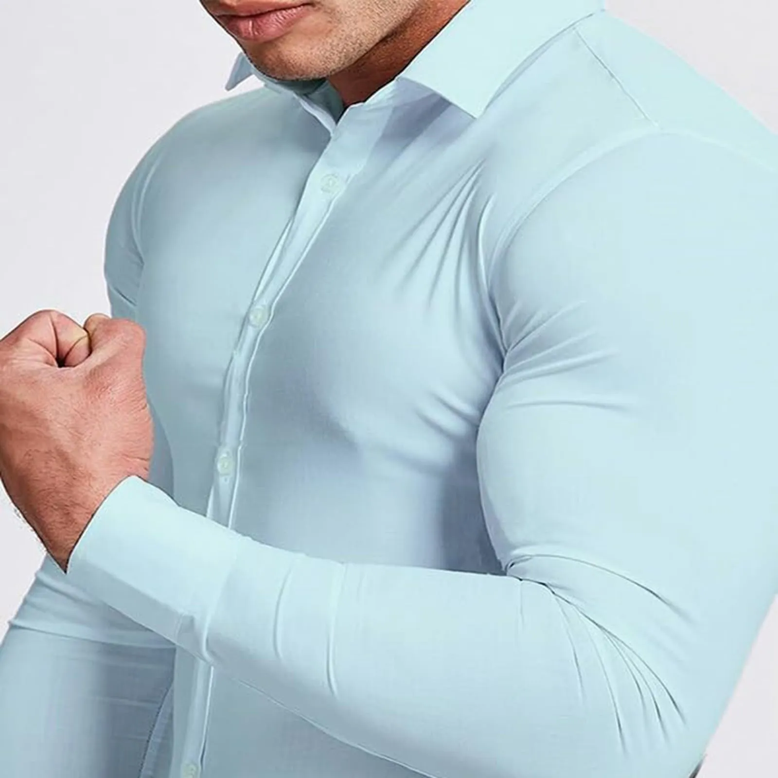 Generico Camicia da Uomo a Taglio Muscle Fit, Atletica Slim Fit, Maniche Lunghe Elasticizzate, Top Casual a Bottoni(BU1, M) - immagine 4